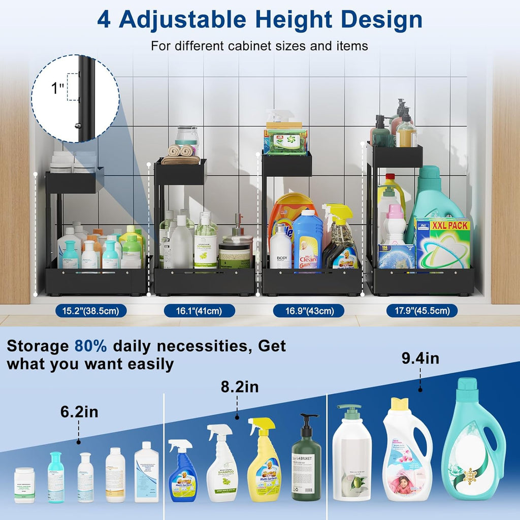 Insputer 2 Pack Under Sink Organizer, 2 Tier Under Cabinet Storage Expandable Width 9.8"-15" & Height Adjustable, Thickened Pull Out Shelf for Bathroom, Kitchen, Laundry, Pantry(Black)