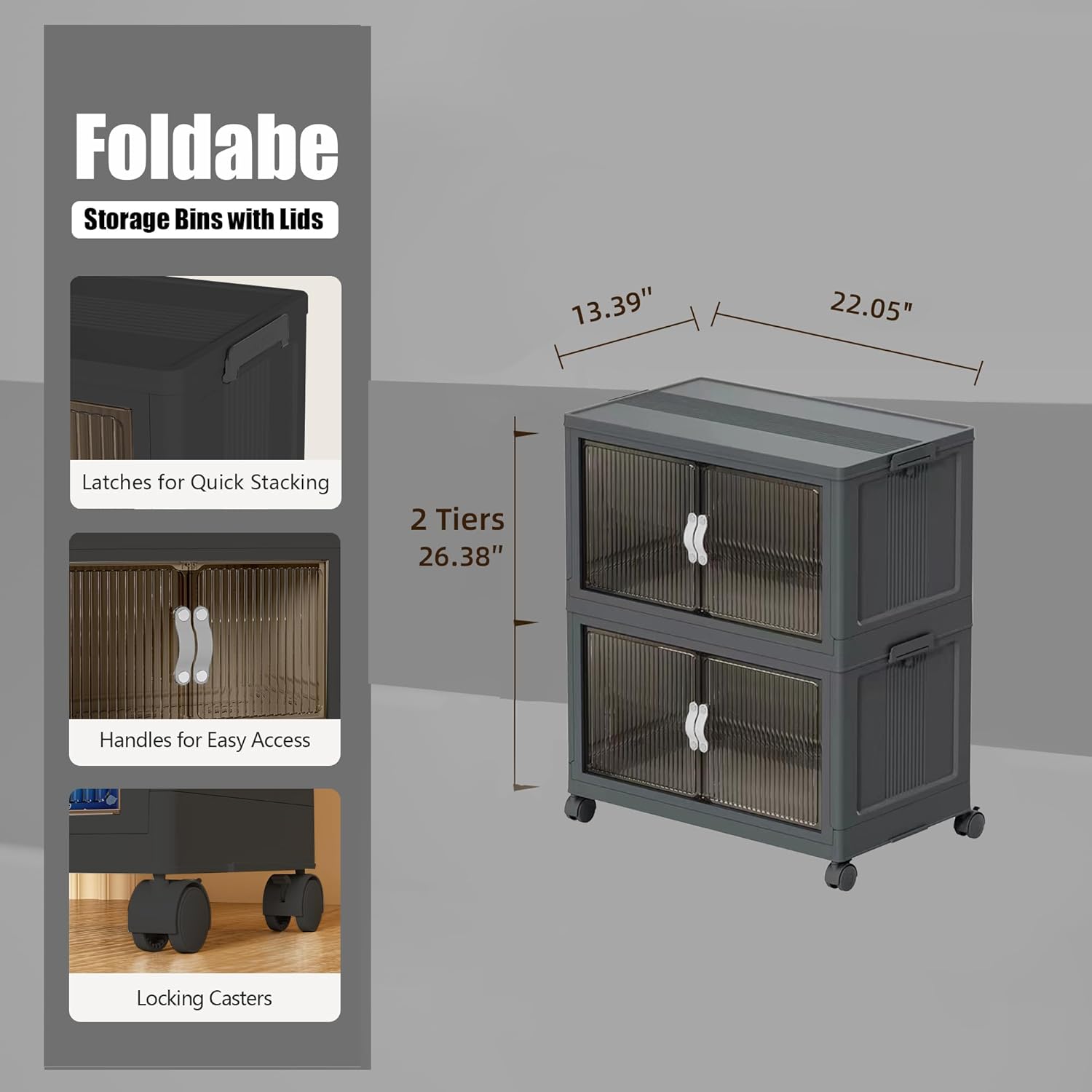 Stackable Storage Bins, Plastic Collapsible Storage Bins with Lid and Wheels, Folding Closet Organizer Clear Doors, Foldable Cabinet Storage Boxes for Home, Pantry, Office (M, Gray 2-Tier)