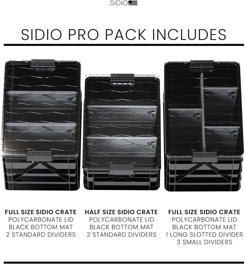 SIDIO Crate Pro Pack - 2 Full-Size & 1 Half-Size Heavy Duty Stackable Storage Bins, Totes and Containers with Lids and Dividers - Durable Plastic Organizer for Home, Office, Garage, and Outdoor Use