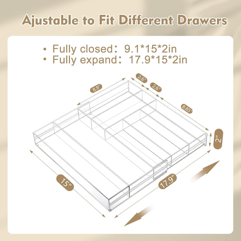 1 Pcs Acrylic Drawer Organizer 9'' up to 18'' x 15'' x 2'' Expandable Drawer Organizer Pens Notebook Ruler Makeup Tray with 7 Adjustable Compartments for Desk Office Kitchen Bathroom(Clear)