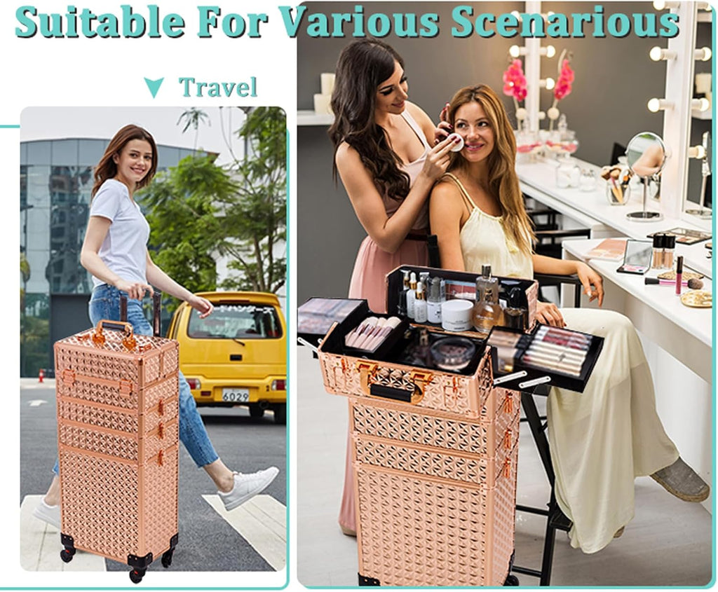 AROUS 5 in 1 Rolling Makeup Train Case Cosmetology Case on Wheels Large Cosmetic Organizer Travel Cart for Hairstylist Artist Nail Beauty Salon Barber,Gold