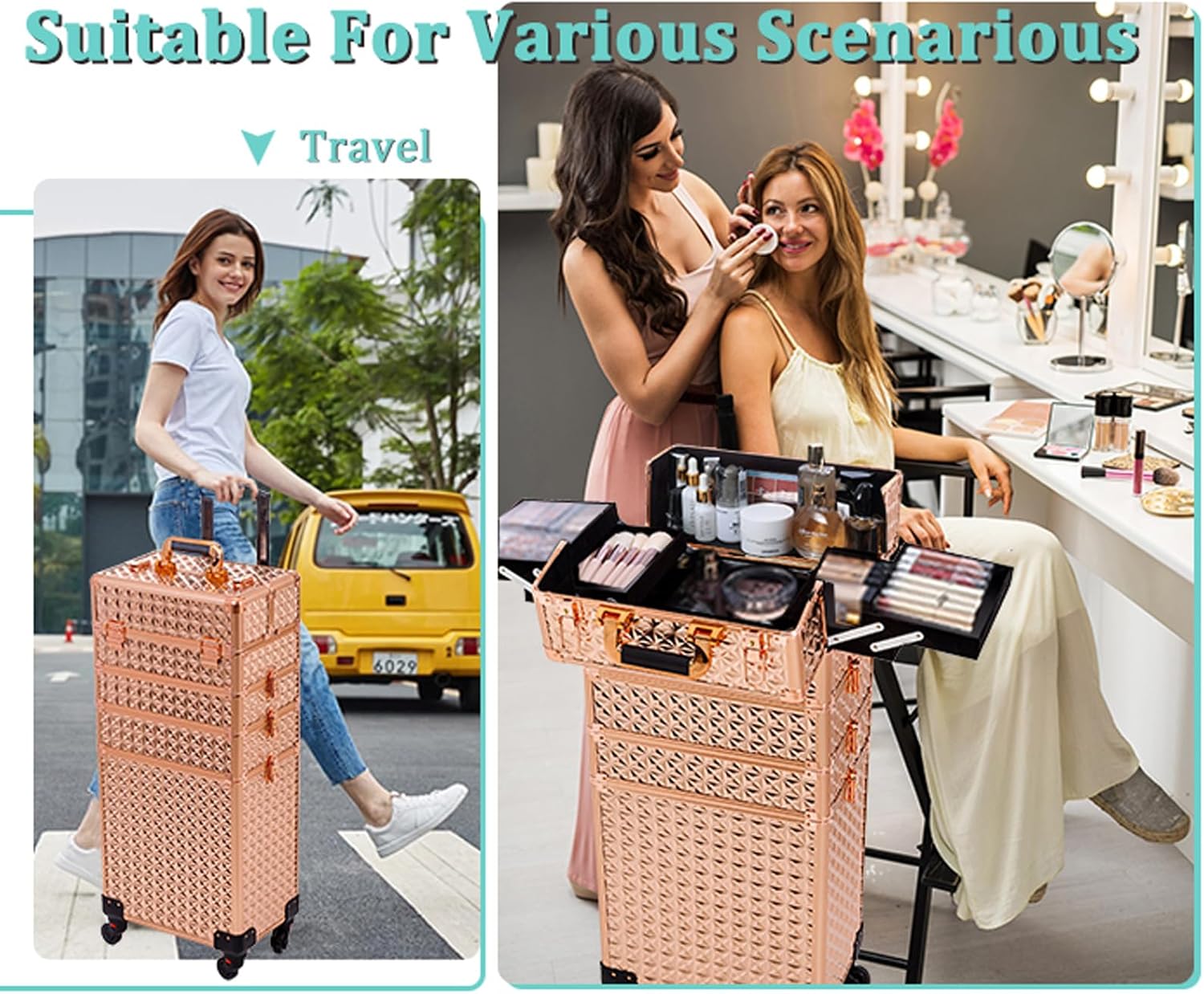 AROUS 5 in 1 Rolling Makeup Train Case Cosmetology Case on Wheels Large Cosmetic Organizer Travel Cart for Hairstylist Artist Nail Beauty Salon Barber,Gold