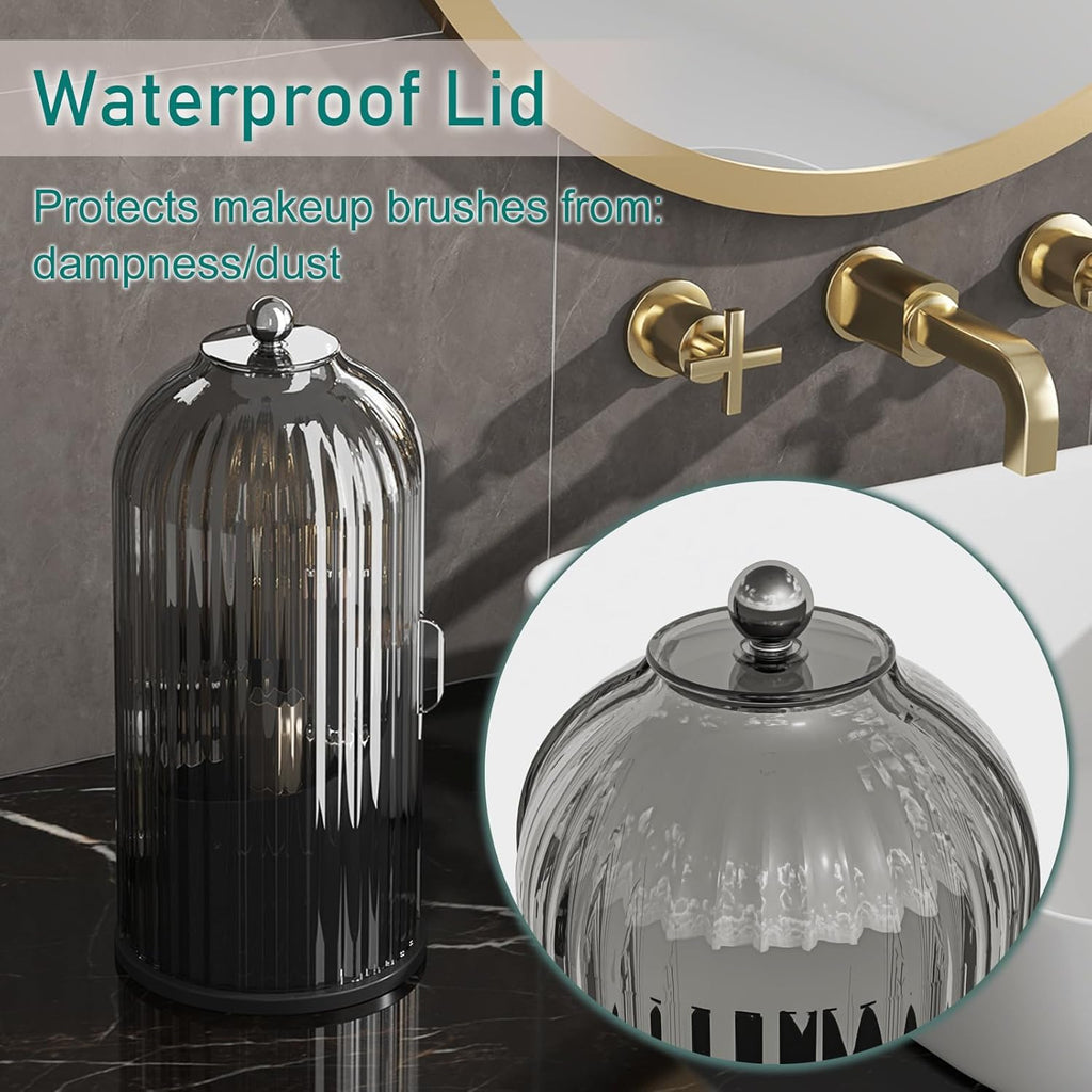 GAXmi Makeup Brush Holder with Lid Cosmetic Tools Organizer 360 Rotating Waterproof Dustproof Beauty Brushes Storage for Vanity, Black-Grey