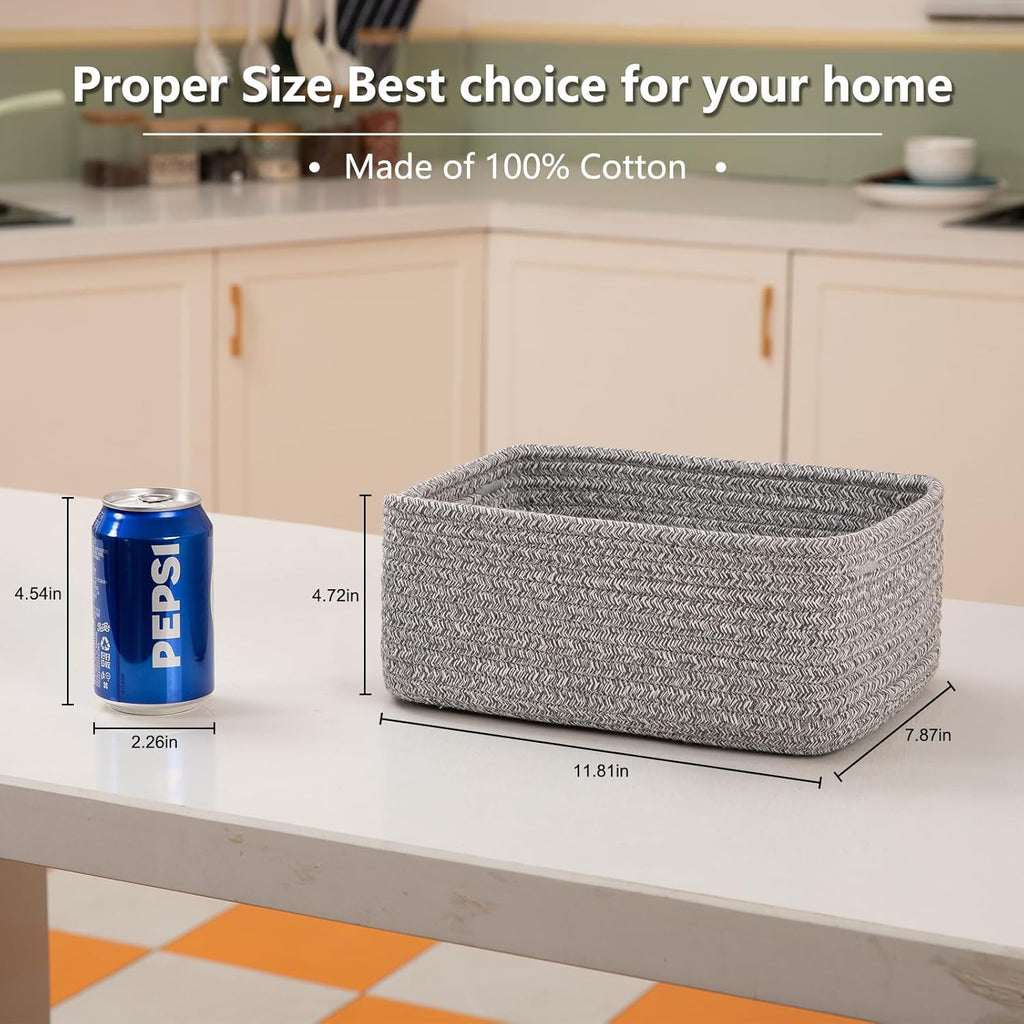 4 Pack Small Storage Shelf Baskets for Organizing, Mini Woven Rope Storage Bins for Towels, Cute Decorative Closet Organizer，Baby Nursery, Gift Empty Baskets -11.81''Lx7.87''Wx4.72''H-Grey