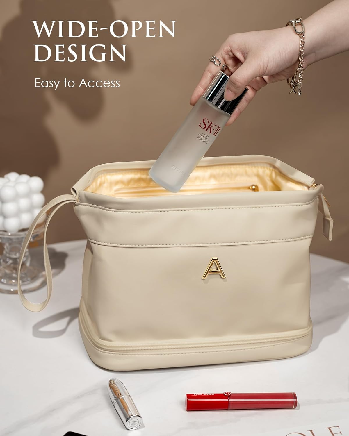 Initial Makeup Bag, Women Gifts, Personalized Double Layer Cosmetic Bag with Makeup Brush Organizer, Waterproof, Large Capacity PU Leather Travel Toiletry Bag Gifts for Friends Female Mom