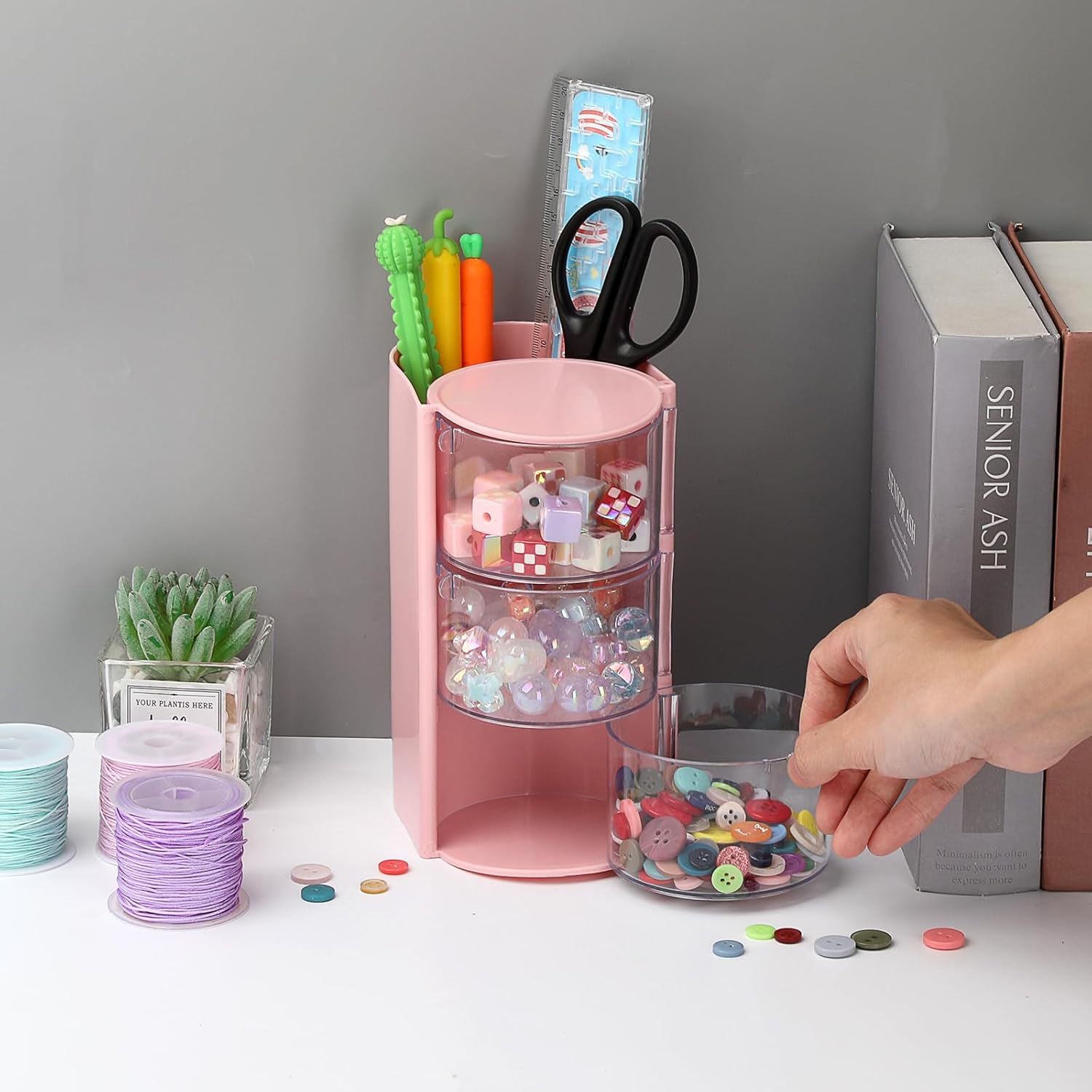 Hair Accessories Organizer with Hair Brush Holder Spinning Cosmetic Storage Case for Makeup Sponge Plastic Desktop Organizer, 3-Layer Pink