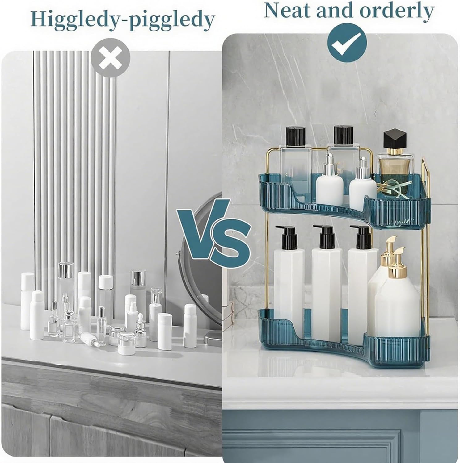 Corner Bathroom Countertop Organizer, Vanity Organizer Trays for Counter, Makeup Organizers, Perfume Tray, Skincare Shelf Storage Gifts for Women Girl Student (Blue, 2 Tiers)