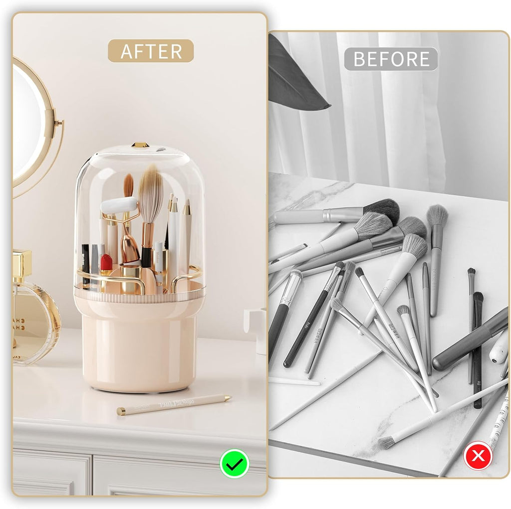 THE LIMIT 360 Degree Rotating Makeup Organizer Box, Dustproof Waterproof, 6 Compartments, Covered Brush Holder, Moisture-Proof, Fits Long Makeup Products, Easy Storage, Large Capacity (Pink)