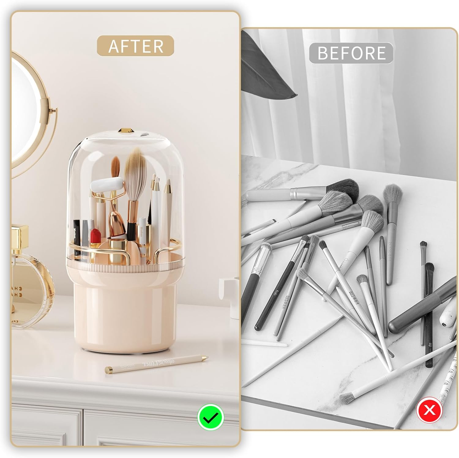 THE LIMIT 360 Degree Rotating Makeup Organizer Box, Dustproof Waterproof, 6 Compartments, Covered Brush Holder, Moisture-Proof, Fits Long Makeup Products, Easy Storage, Large Capacity (Pink)