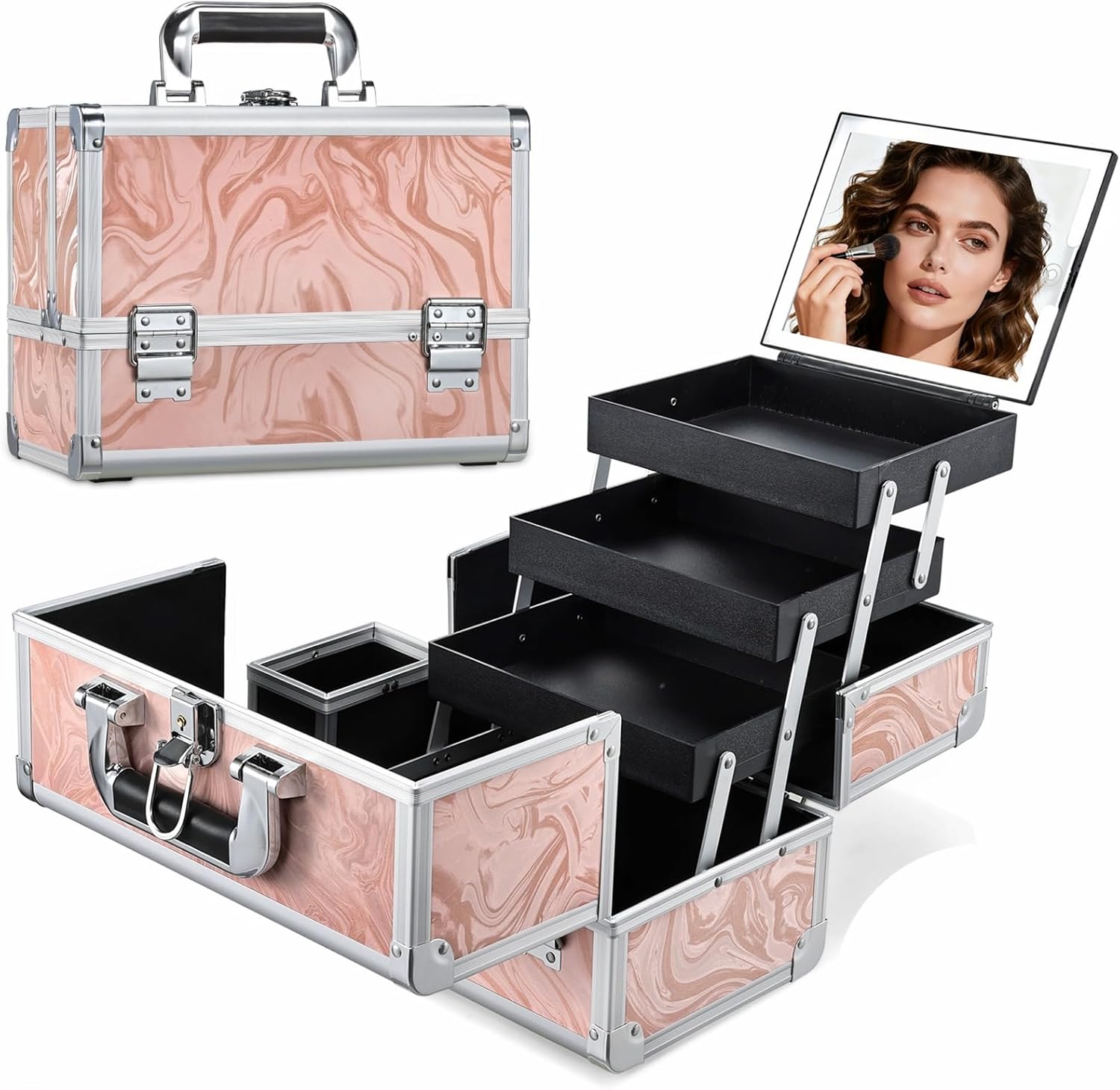 Travel Makeup Case with LED Lighted Mirror - 11.6" Portable Makeup Organizer Box, Cosmetic Train Case with Detachable Brush Holder - Fluid Pink