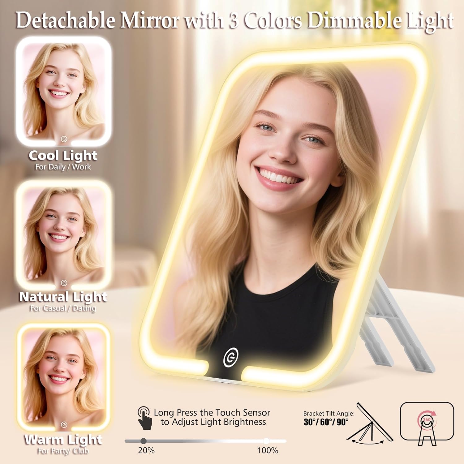 Travel Makeup Bag with Removable Mirror, Cosmetic Organizer Bag with Mirror, 360° Angle Stand, 3 Colors Dimmable Lighted Makeup Case, PU Leather Makeup Train Case with Adjustable Dividers/Brush Holder