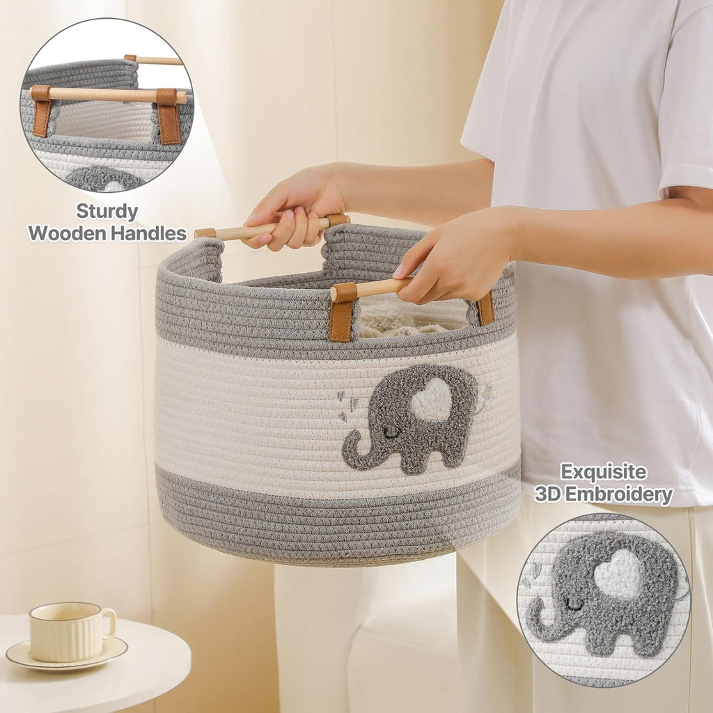 Cotton Rope Baskets for Kids Stuffed Animal Toys Storage for Nursery, Baby Baskets for Gifts Empty, Woven Basket with Wooden Handles Blanket Towel Toy 0rganizer Kids Blanket Storage Bins