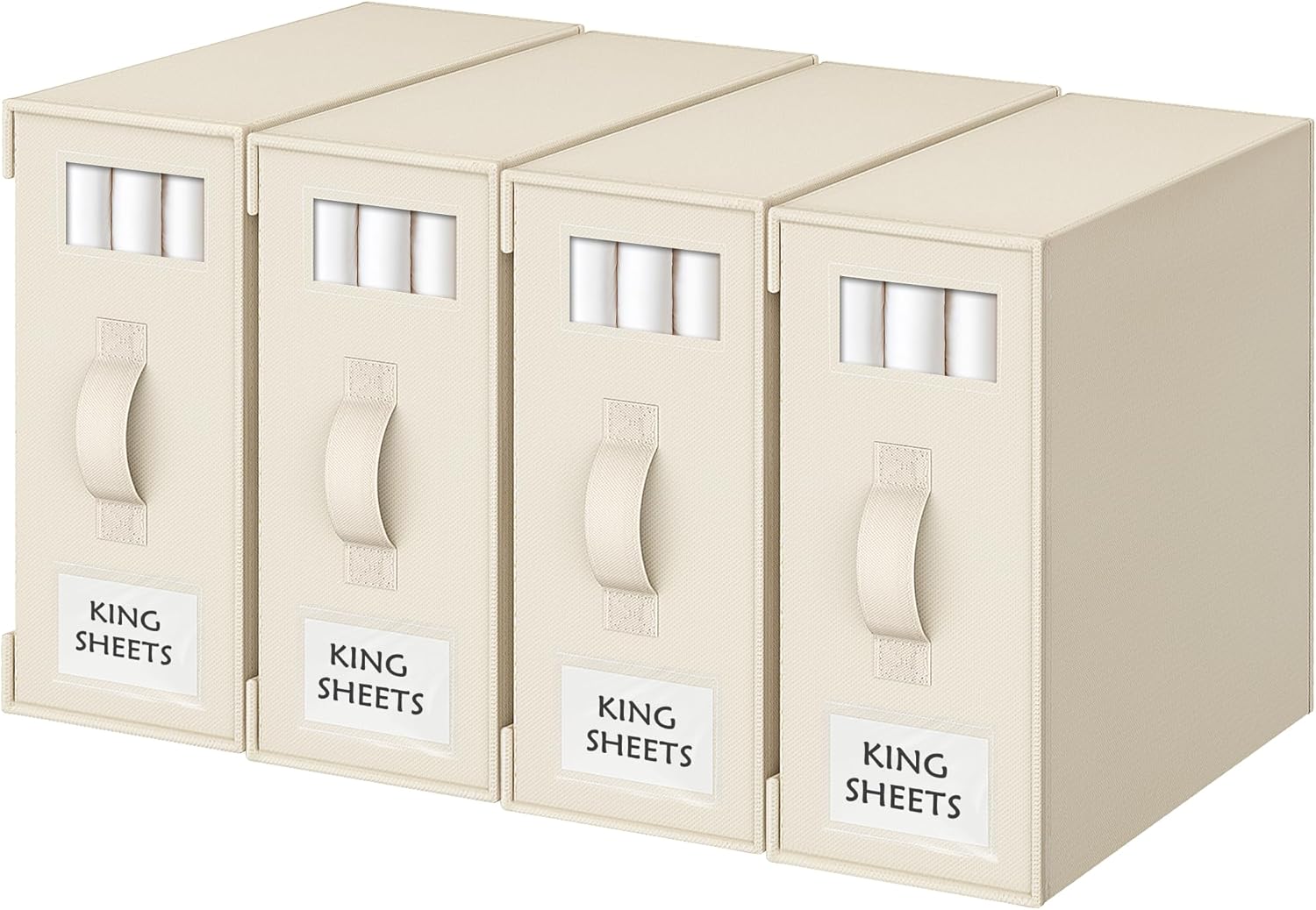 Criusia Bed Sheet Organizers and Storage, 4 Pack Foldable Linen Closet Organizers – Bedding Holder for Sheet Set (King/Queen Sizes), Duvet Covers, Blankets (Beige)