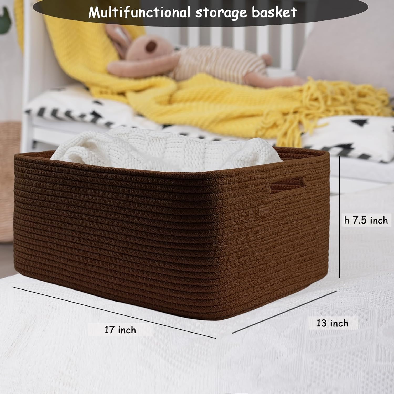 COMFY-HOMI 2 pcs Large Storage Baskets for Shelves, Laundry Basket, Woven Rope Basket, Closet Organizer Bins for Clothes Blanket Towels, Baby Nursery, Gift Toy Baskets, 17” x 13” x 7.5”-Dark Brown