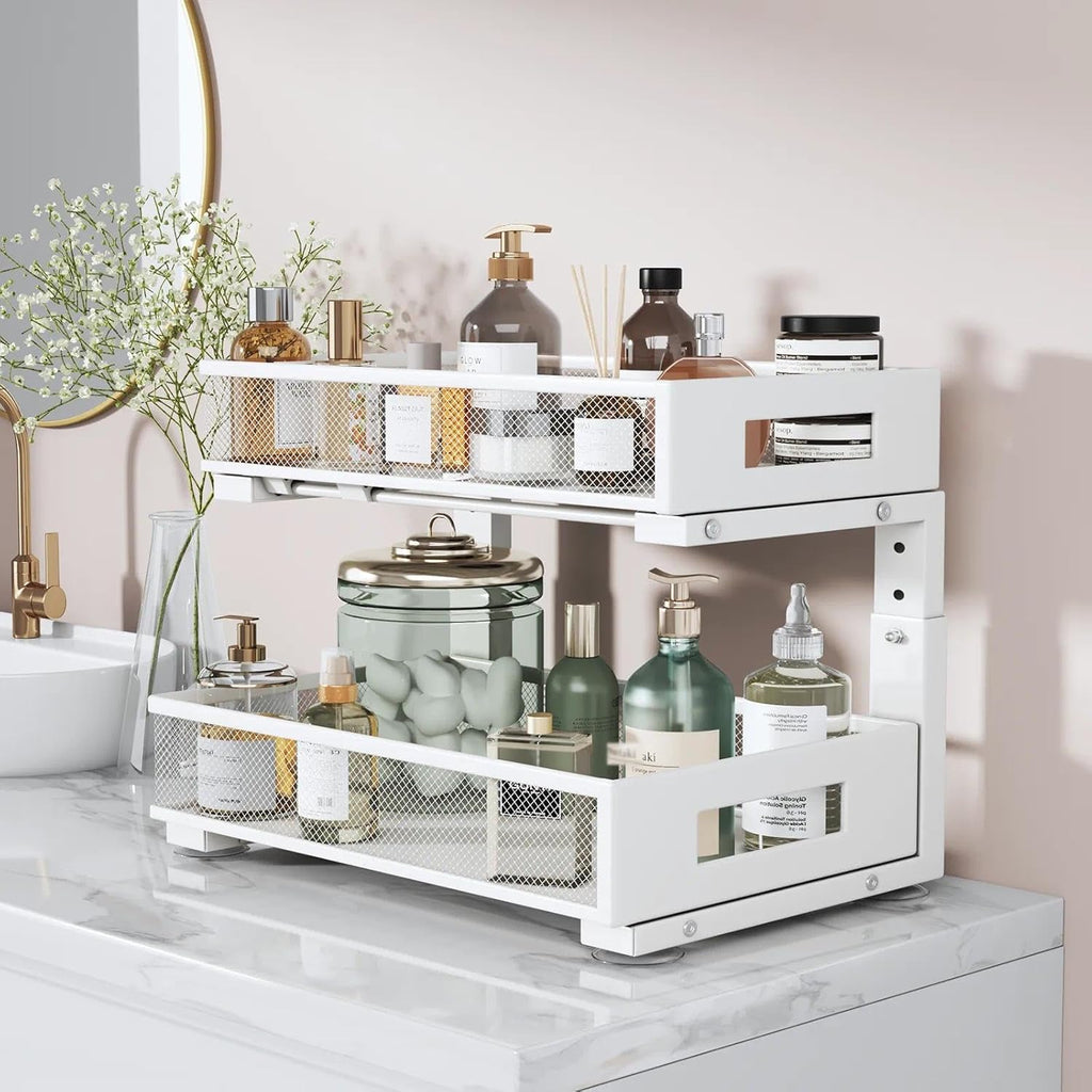 1 Pack 17IN Depth Under Sink Organizer, 2-Tier Pull Out Cabinet Organizer With Smooth Circular Rail, Large Capacity Metal Mesh Sliding Drawers For Bathroom& Kitchen Storage,Height Adjustable –White