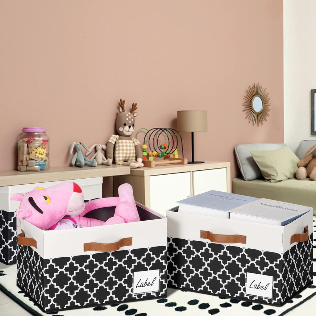 GhvyenntteS Extra Large Storage Bins with Lids, Foldable Fabric Storage Boxes with Lids and 3 Handles, Storage Baskets with Label Window (3 Pack, White&Lattice Black, 15.75x11.8x10.2)