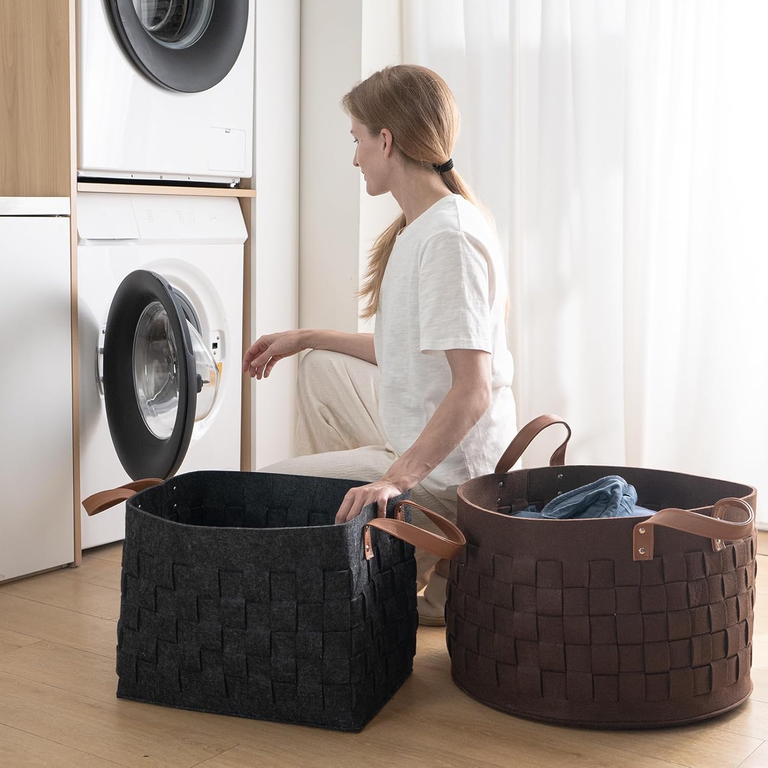 boldmonkey Laundry Basket 16.5 " x13 x13 , Large Rectangular Felt Fabric Blanket Basket with Leather Handle, Dirt Clothes Laundry Hamper for Babies, Dogs and Living Room-Brown