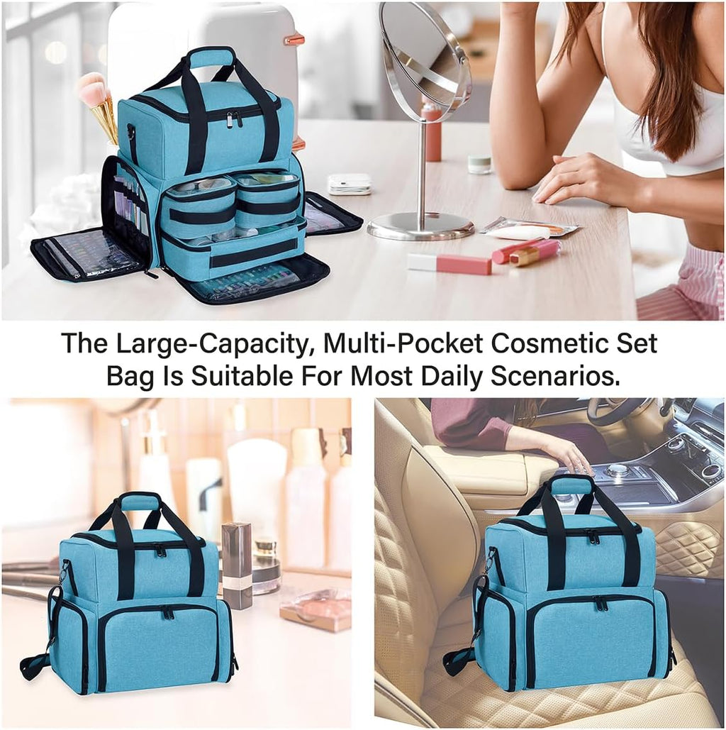 Large Makeup Cosmetic Bag with 3 Removable Case and 2 Removable Dividers Double Layer Travel Storage Organizer, Makeup Brushes Storage Section Lake Green