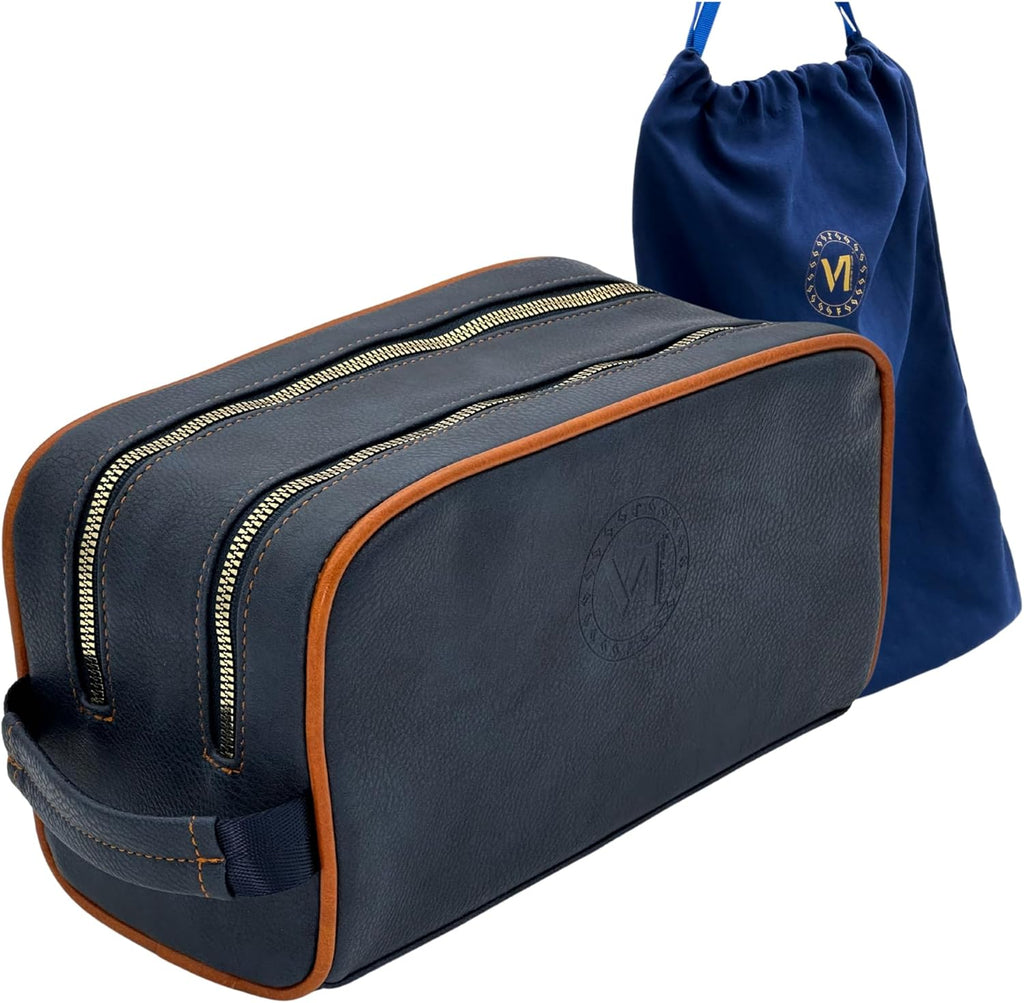 Dopp Gift Large Travel Toiletry Bag Premium Quality PU Leather Two compartments YKK Zippers Water-resistant Bottom Studs Mesh Pockets Durable Cosmetic Organizer NAVY BLUE/ORANGE