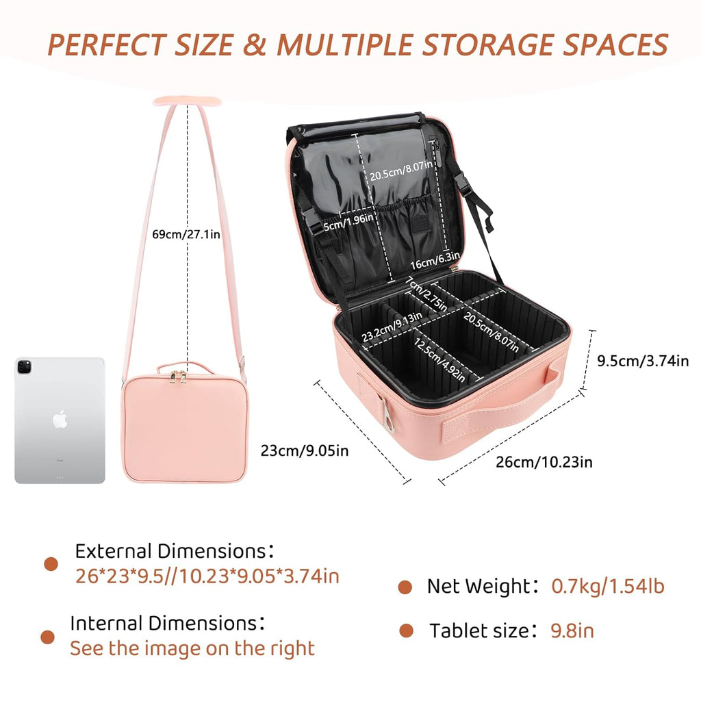 gzcz Travel Makeup Bag,Professional Cosmetic Bags for Women,Portable Makeup Brush Bag Organizer Storage with Adjustable Dividers and Shoulder Strap