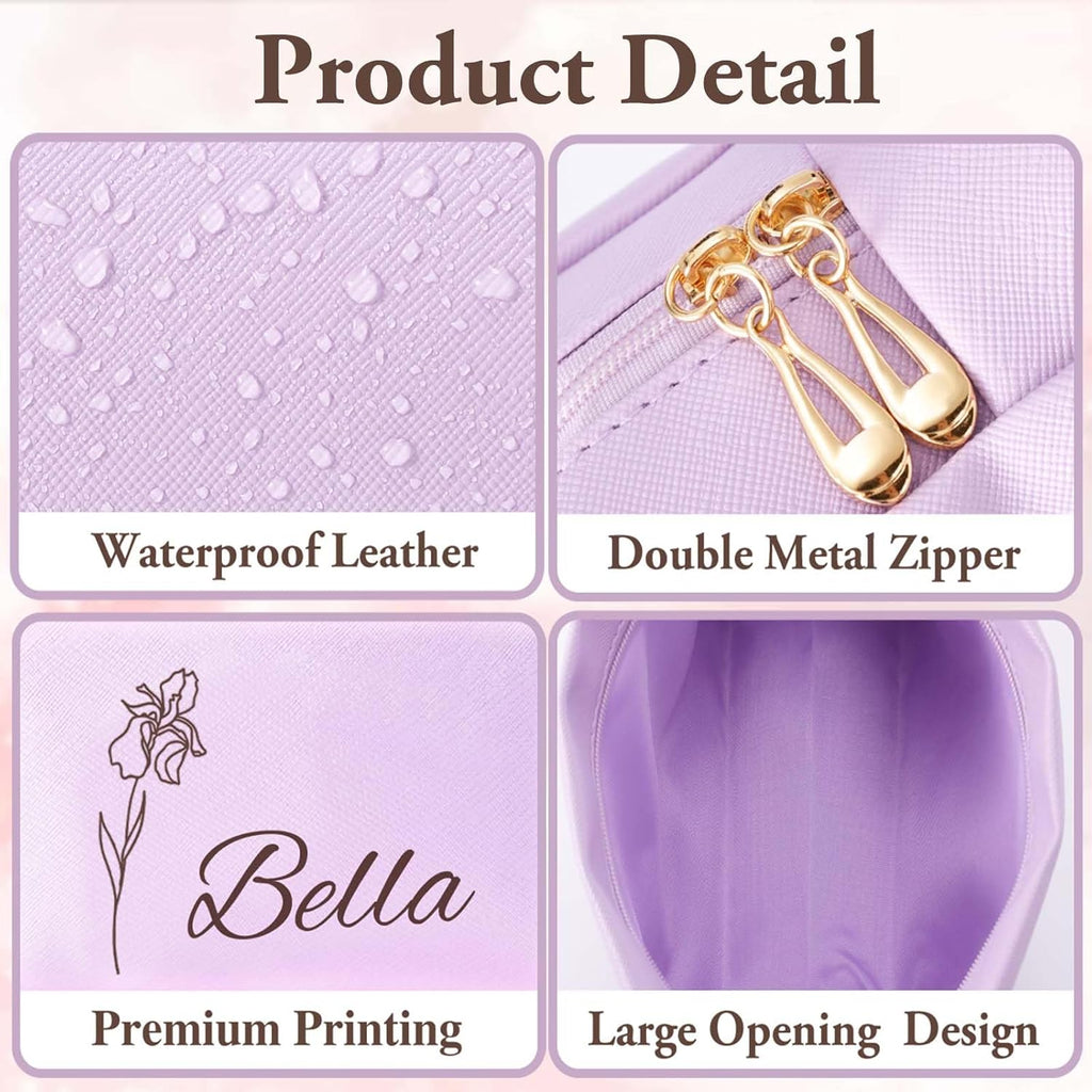 Personalized Makeup Bag with Name & Birth Flower, Custom Leather Cosmetic Bags for Women, Customized Travel Toiletry Bag Gifts for Bridesmaid Wedding