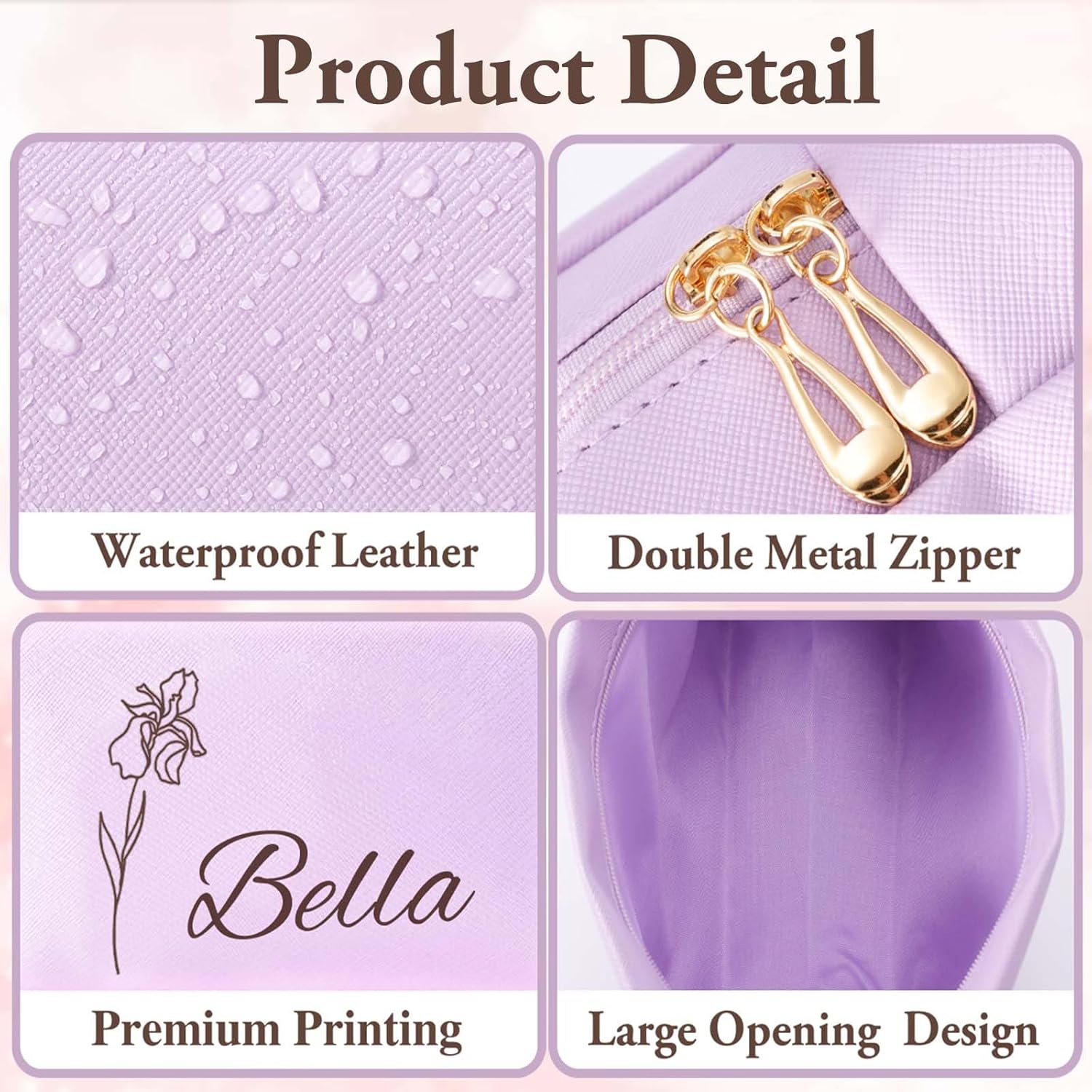 Personalized Makeup Bag with Name & Birth Flower, Custom Leather Cosmetic Bags for Women, Customized Travel Toiletry Bag Gifts for Bridesmaid Wedding