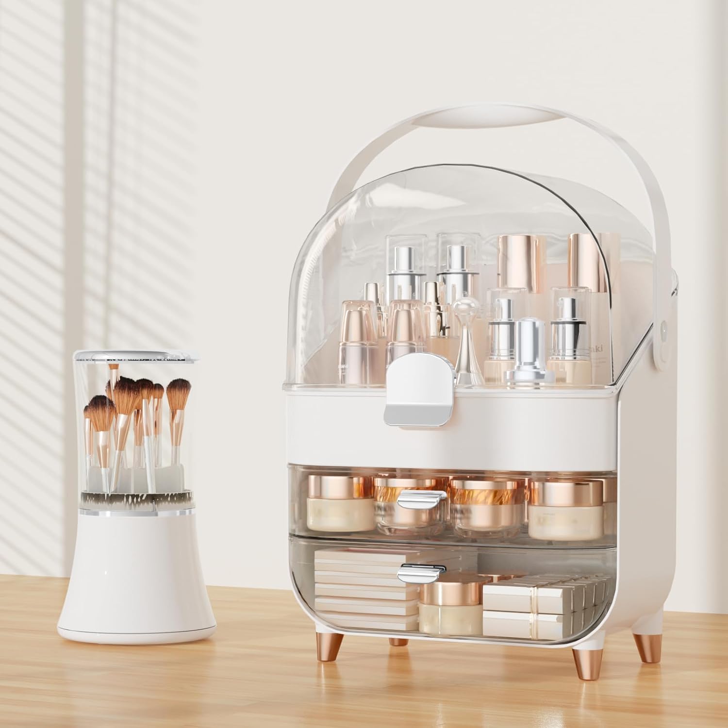 Makeup Organizer Countertop & Makeup Brush Holder with Lid 360 Rotating Clear Dustproof Skincare Holder for Vanity Bathroom Countertop, Ideal Gifts for Women, Transparent, Silver