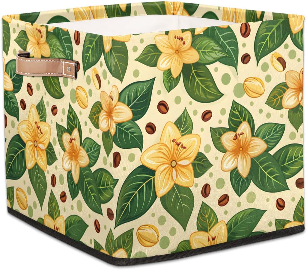 TropicalLife 13x13x13 Inch Large Fabric Storage Cube Yellow Flower Foldable Storage Bin with Handles Organizer Boxes Cube Basket for Shelves Organizing Closet