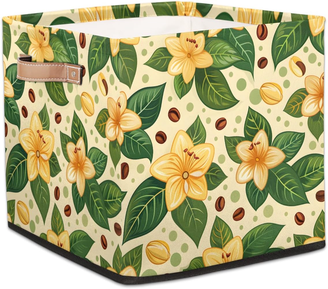 TropicalLife 13x13x13 Inch Large Fabric Storage Cube Yellow Flower Foldable Storage Bin with Handles Organizer Boxes Cube Basket for Shelves Organizing Closet
