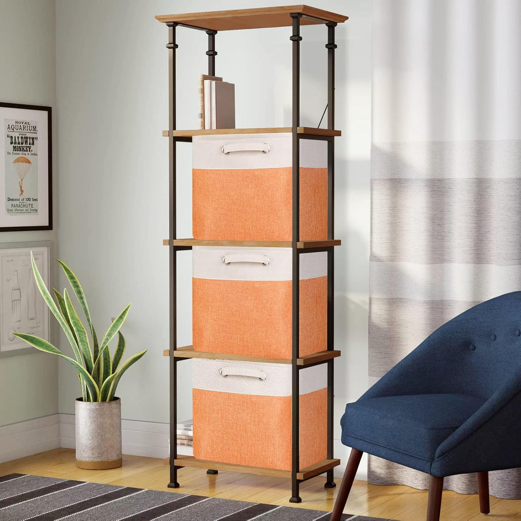 Fabric Cube Storage Boxes Foldable Storage Bins 13-Inch Orange and Beige Patchwork Storage Baskets Cube Storage Bins with Handle Cube Inserts Storage for Home and Office Supplies 3 Pcs/Pack, Sy-1