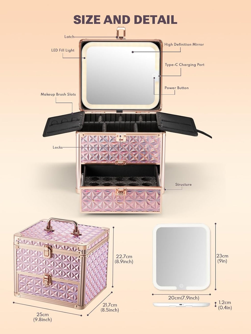 Qislee Makeup Box with Drawer and A Detachable Lighted Mirror, Waterproof Travel Train Case, Cosmetic Organizer and Makeup Suitcase with Adjustable Dividers, Magnetic LED Mirror (Sparkling Pink)