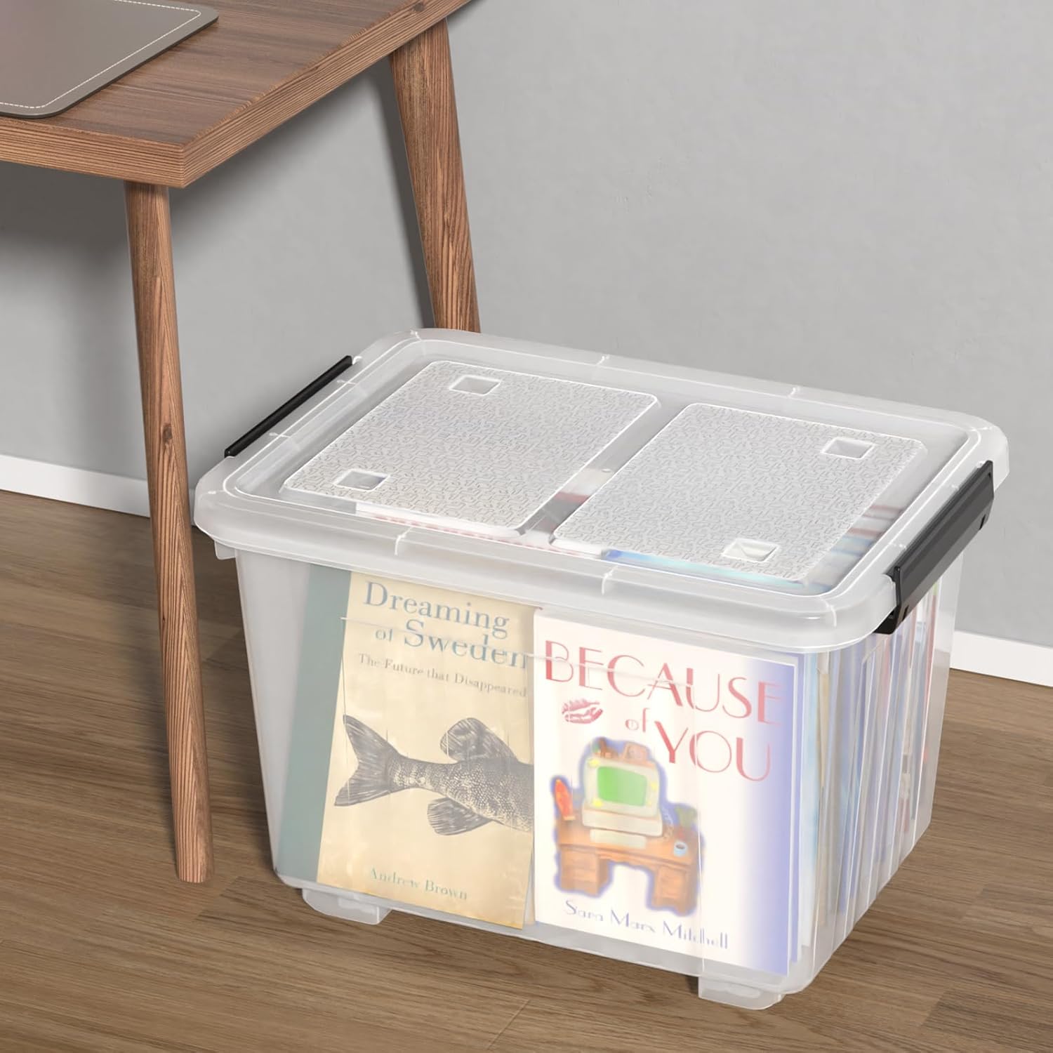 Obstnny 50 L Clear Plastic Storage Bins with Wheels, Large Lidded Organizer Boxes, 4 Pack