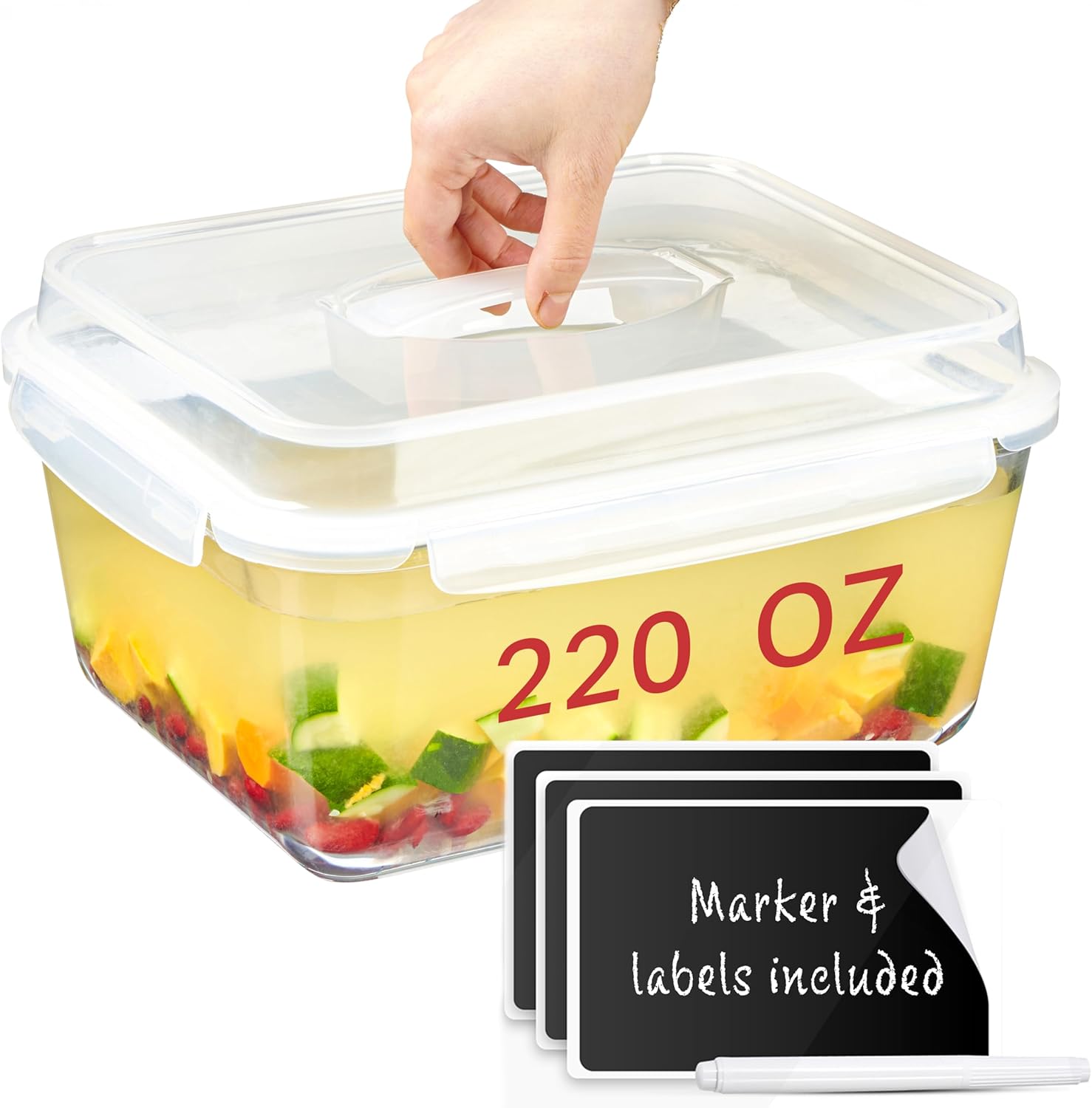Extra Large Oven Safe Glass Food Storage Container with Airtight Locking Lid & Handle. 6500ml / 220oz / 28 Cup - Storing Lunch Food, Vegetables, Fruits, Baking Casserole, Roasting Turkey, BPA Free.