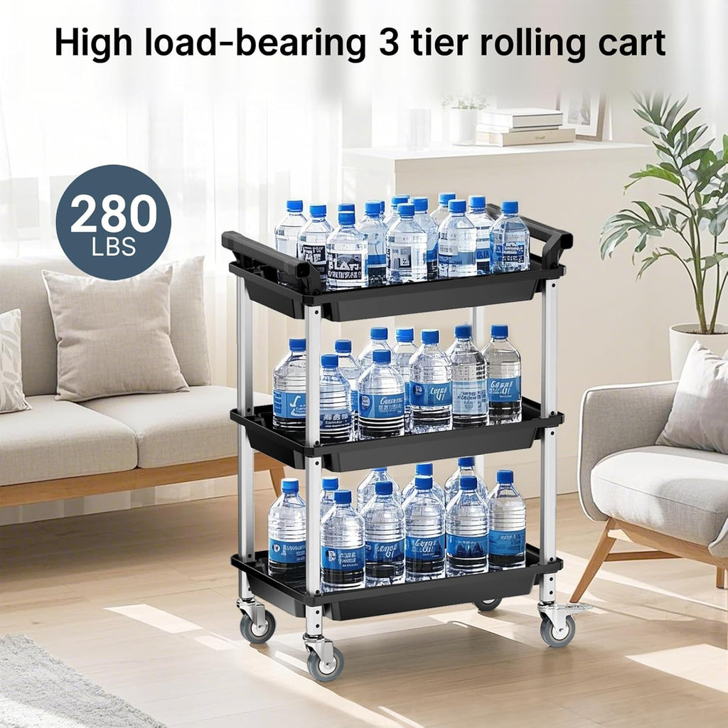 3 Tier Rolling Cart,Plastic Utility Cart with Handle,Rolling Carts with Wheels,Utility Cart with Lockable Casters, Multi-Functional Organizer Cart for Bedroom, Living Room, Kitchen,Office(Black)