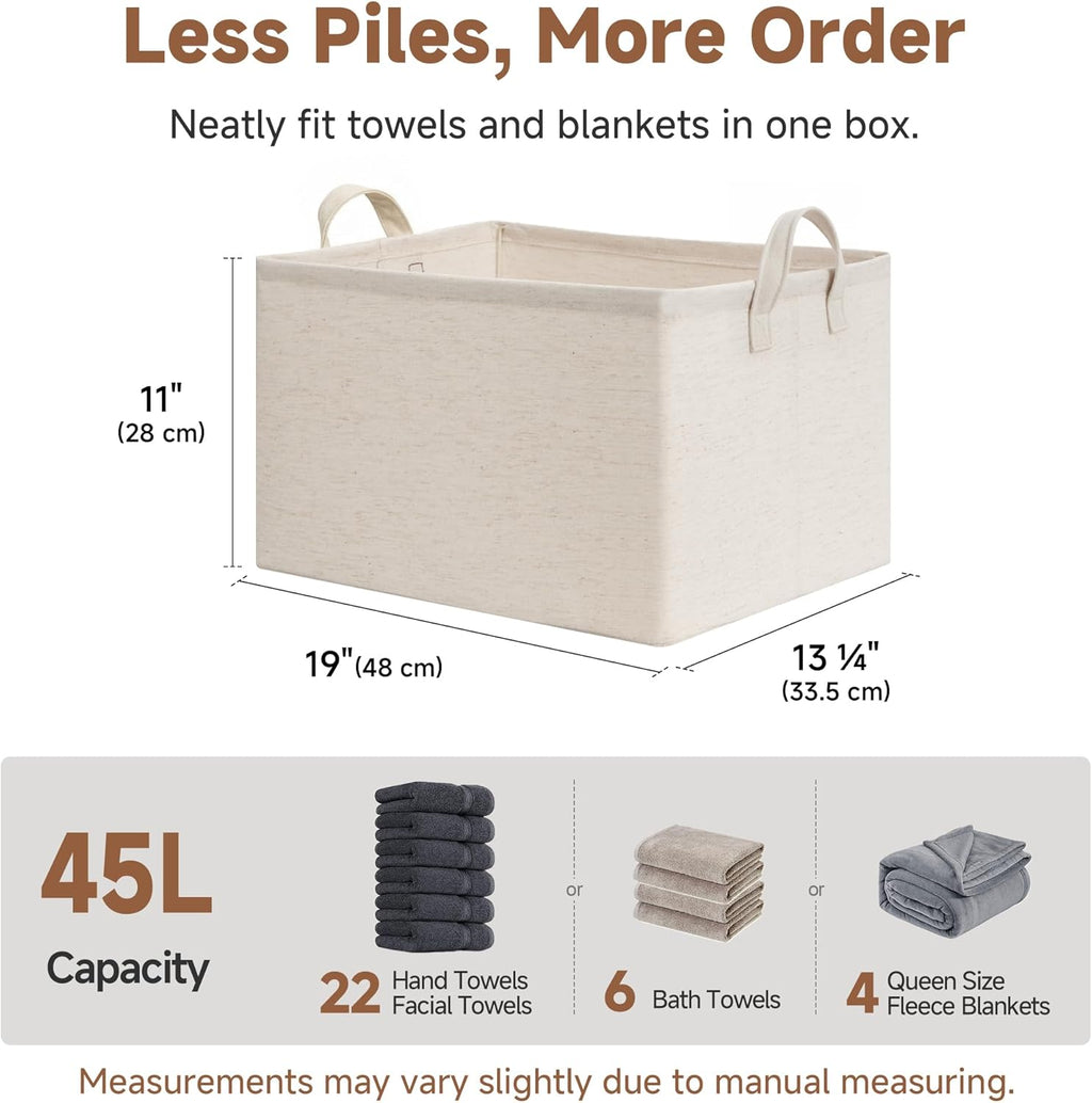 StorageWorks Storage Bins, Shelves Baskets for Organizing, 45L Extra Large Fabric Closet Organizers with Handles, Metal Frame, Beige（Cotton-linen）, 2-Pack