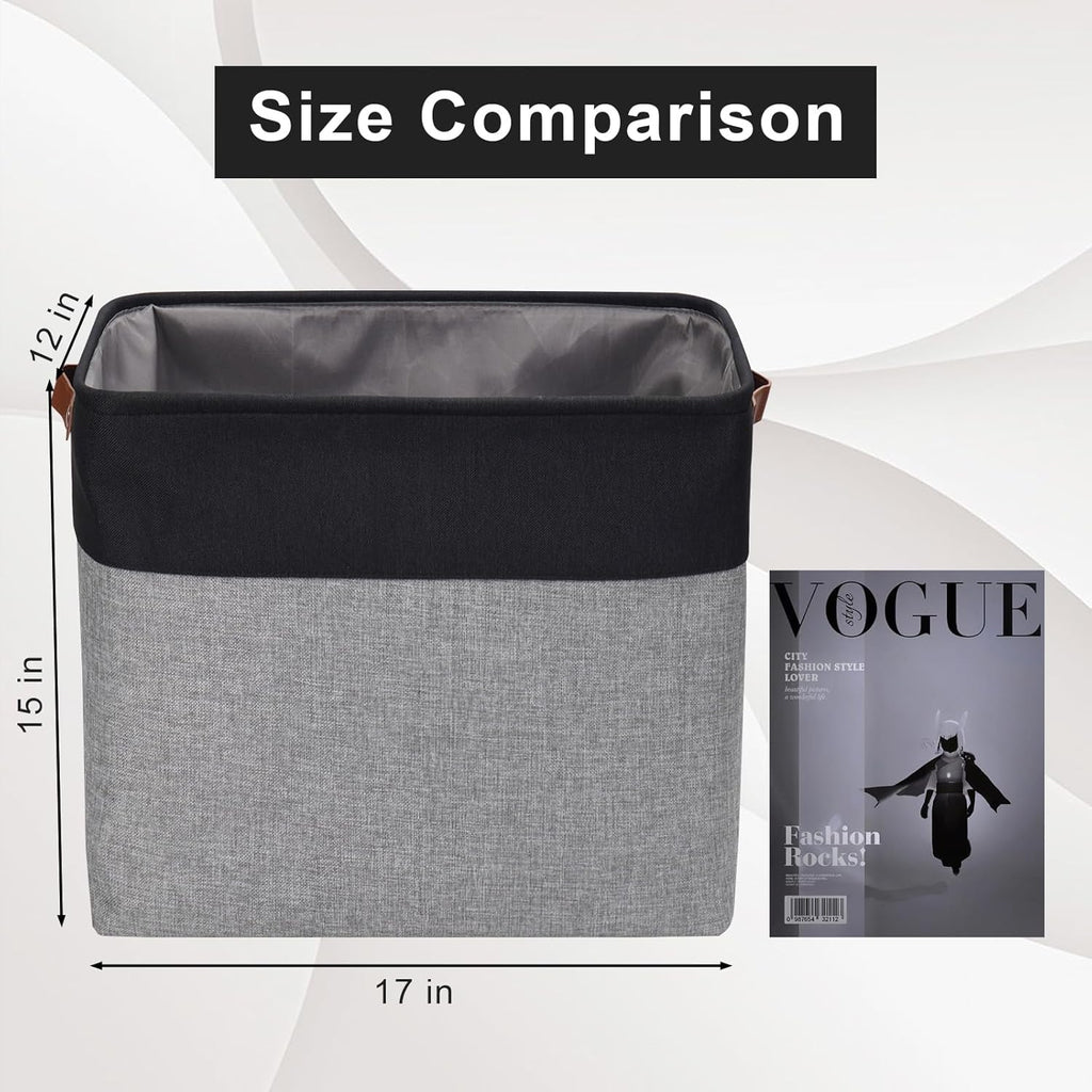 Large Fabric Storage Baskets | 50L Storage Bins, Decorative Linen Closet Baskets with Handles for Organizing, Shelf, Toys, Clothes, Home, Office, Nursery, 17x12x15Inches (Gray&Black)