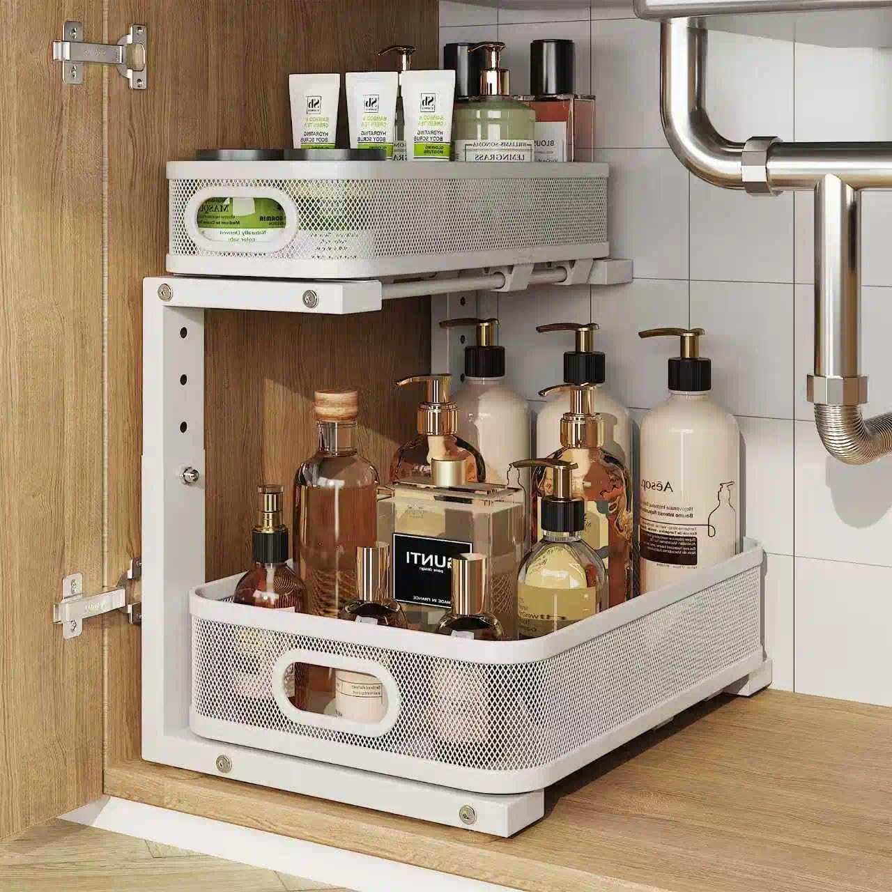 1 Pack 15.7IN-Depth Under Sink Organizer With Smooth Cylindrical Rail,2-Tier Pull Out Multi-Purpose Cabinet Storage for Bathroom&Kitchen,Height Adjustable,Rust-resistant Coating-White