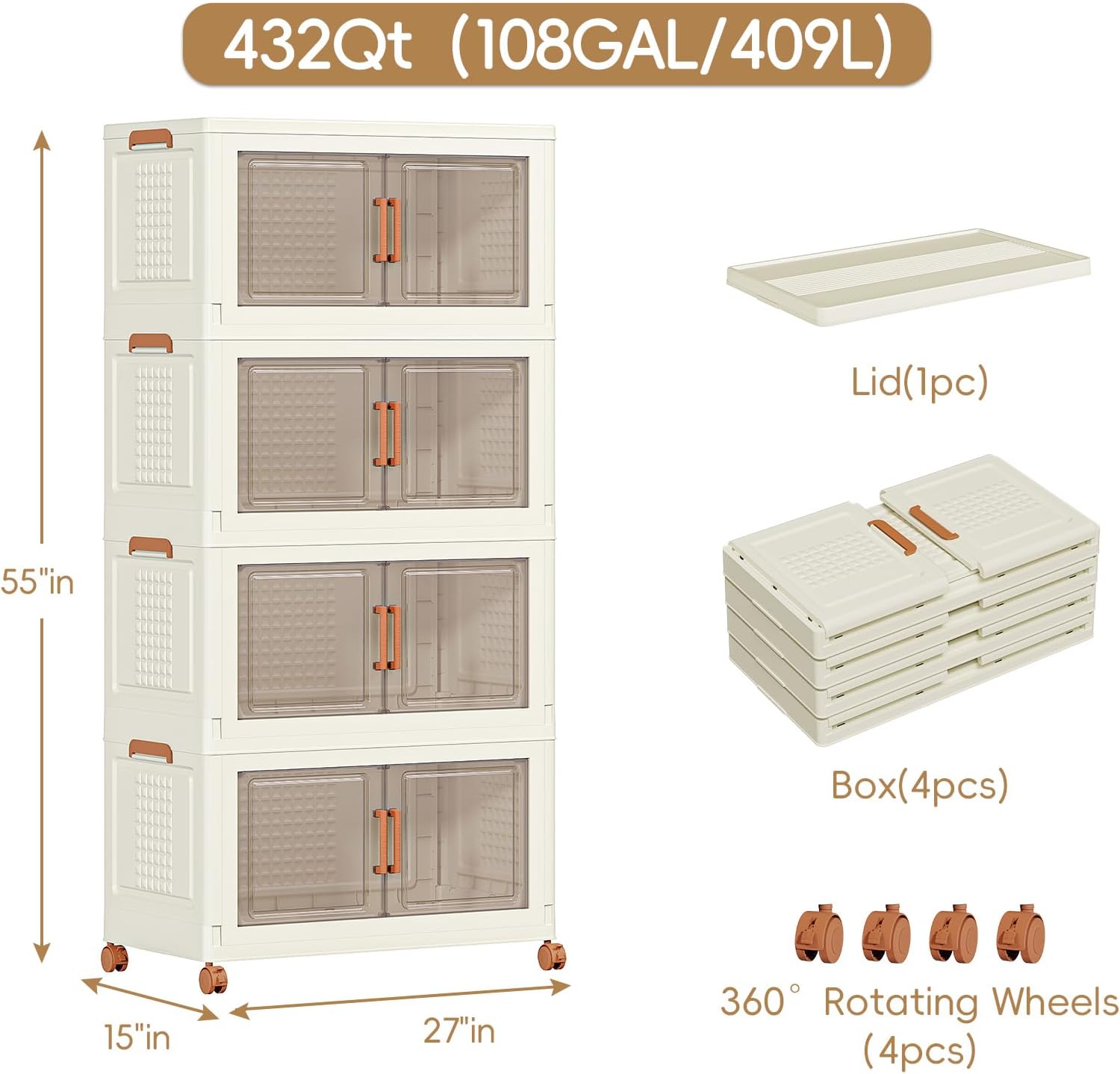 JEKO&JEKO 432 Qt Plastic Storage Bins with Lids, Doors & Wheels, 4 Pack Extra Large Stackable Collapsible Storage Cabinets and Closet Organizers for Home Office, Cream