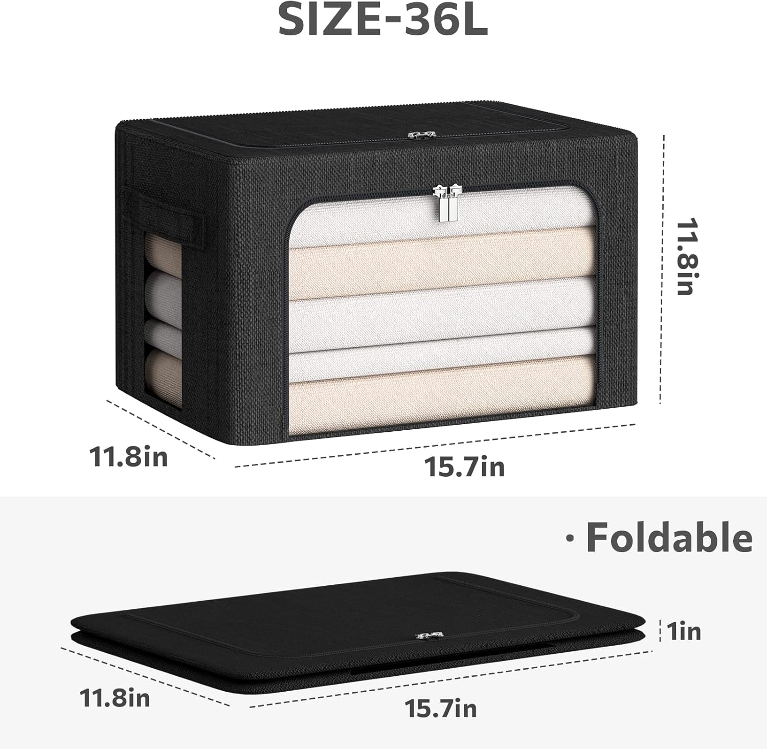CYhom Clothes Storage Bins Box - Linen Fabric Foldable Stackable Container Organizer Set with Clear Window & Carry Handles & Metal Frame (Black, Medium-36L)