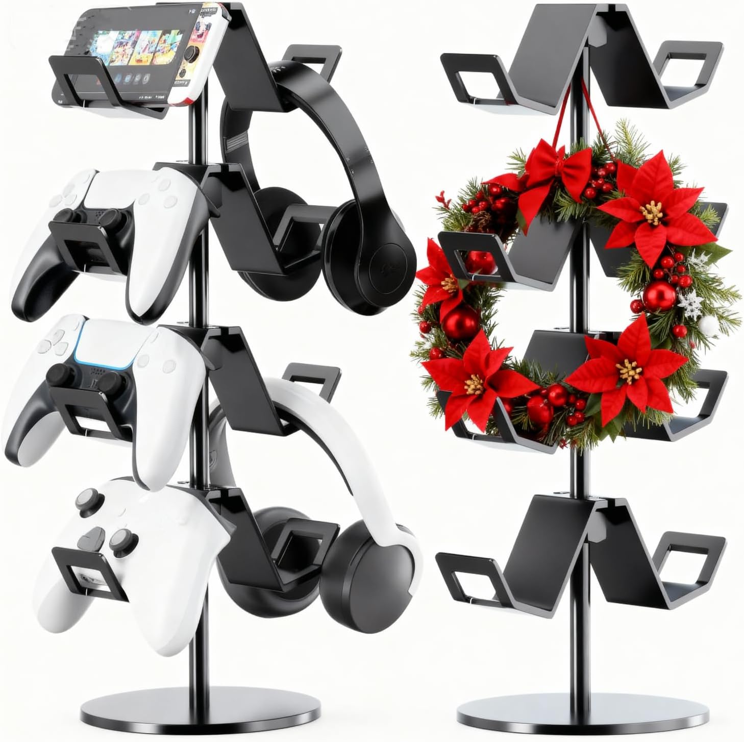 Controller Holder 4 Tier,Headphone Stand - Adjustable Headset Holder for Xbox PS5 PS4 Switch Pro - Gaming Storage for Universal Game Accessories,Desk/Floor(Black)