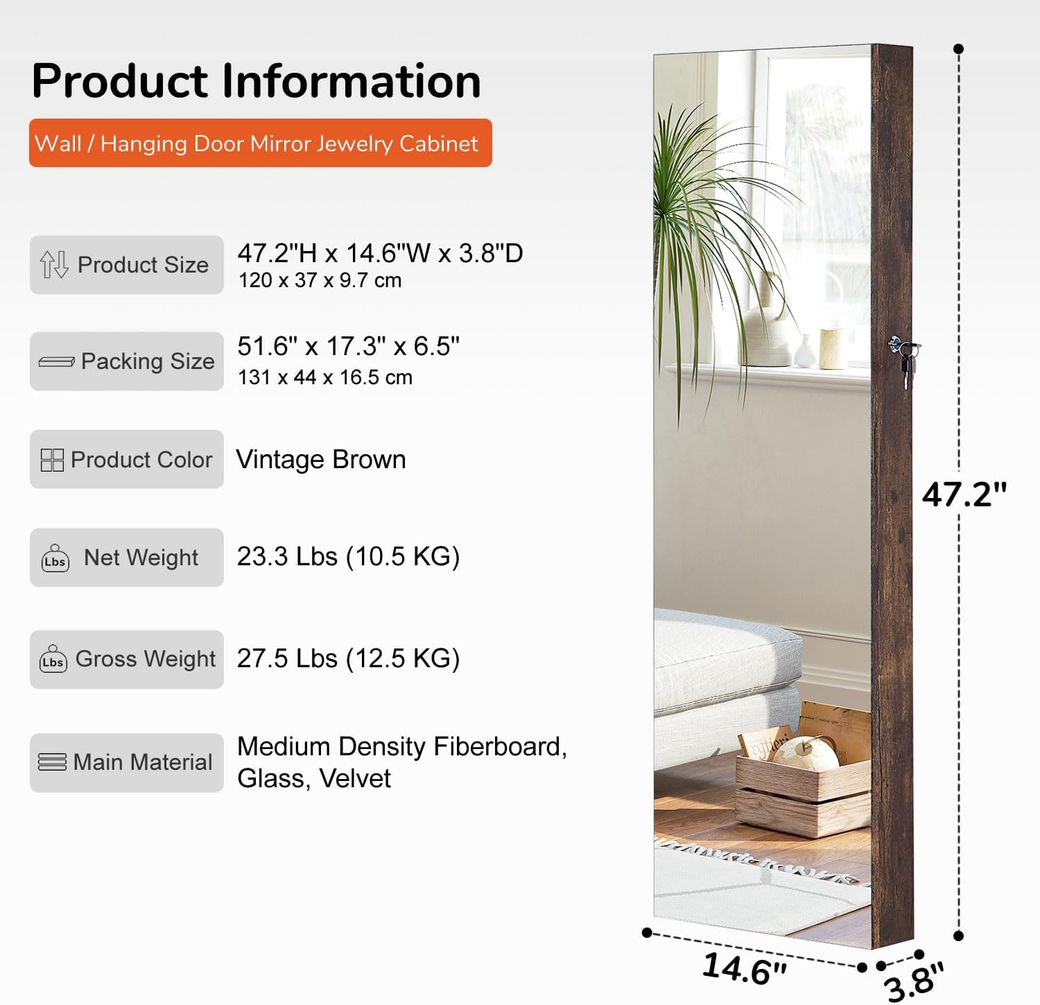 GISSAR Full Length Mirror Jewelry Cabinet, 6 LEDs Jewelry Armoire Wall Mounted Over The Door Hanging, Jewelry Organizer Storage with Lights Lockable, Vintage Brown, 14.6" x 47.2"