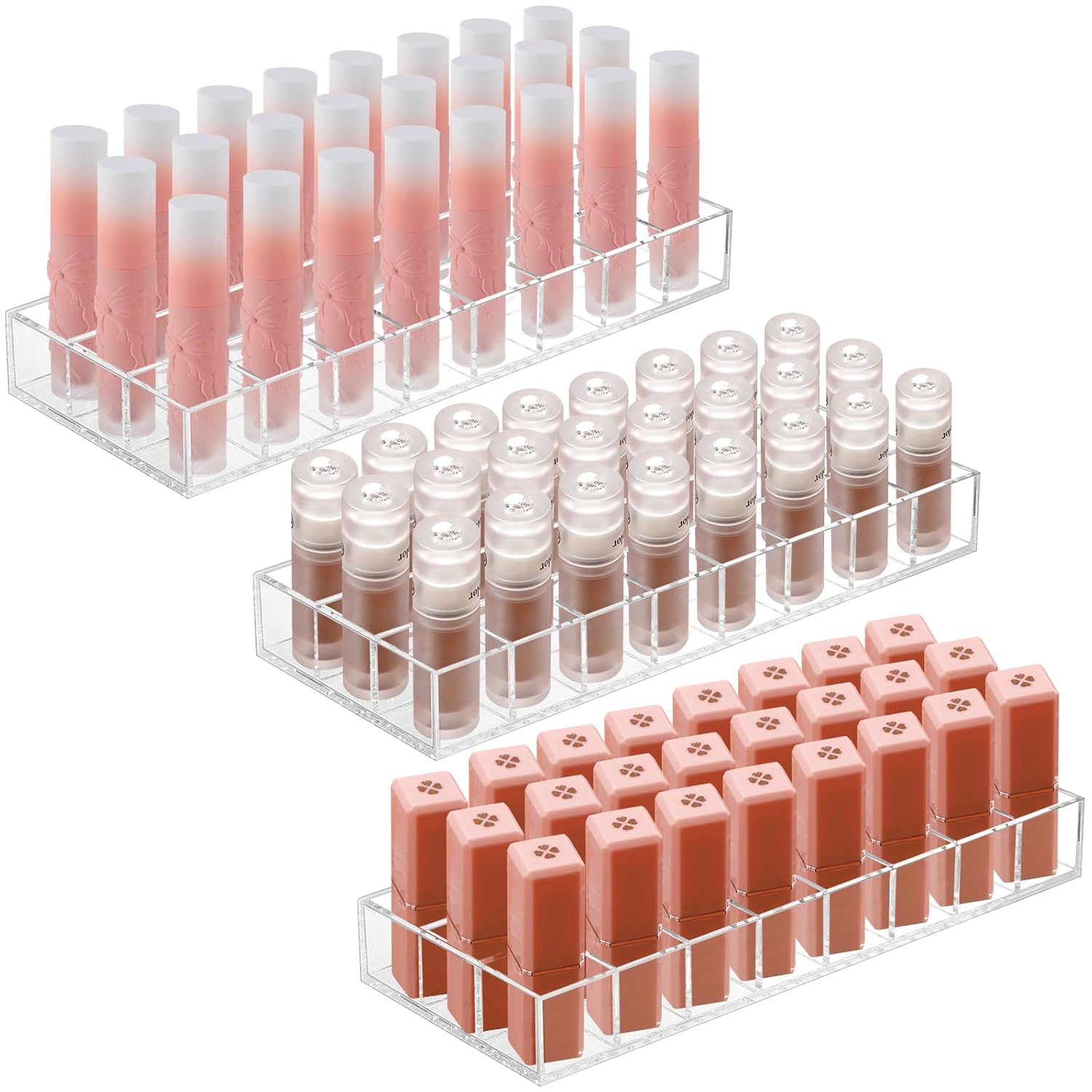 Kigley 3 Pcs Clear Lipstick Organizer Acrylic Lip Gloss Holder Cosmetic Storage Lipstick Display Case for Women Perfume Sample Drawer Brushes Bottles Birthday Gift(24 Grid)