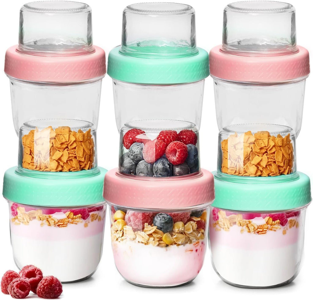 ComSaf Overnight Oats Containers with Lids (8oz+4oz, 6Pcs), Glass Yogurt Parfait Cups for Cereal Nut Fruit, Dual-Layer Chia Pudding Jars Reusable, Small Mason Jars for Salad, Meal Prep, Snack, Oatmeal