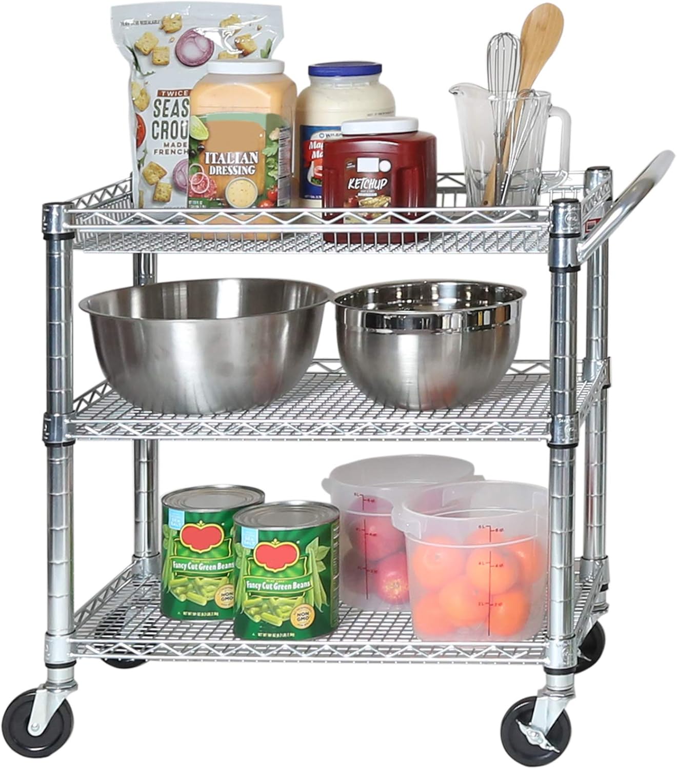 Seville Classics UltraDurable NSF Commercial Heavy Duty Metal Rolling Utility Cart, Handle Bar for Restaurant, Garage, Warehouse, Kitchen, Office, Deep Top Basket (34.8"W x 18.25"D)