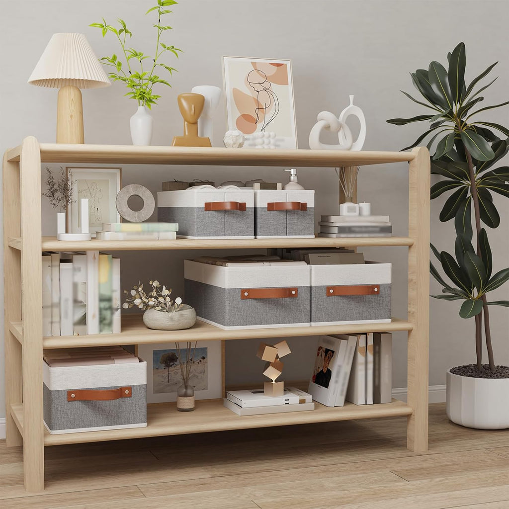 OUTBROS Storage Bins, Foldable Storage Baskets for Organizing,Fabric Storage Boxes With Handles,For bedrooms, living rooms, Shelves,Gray/White,16.1x6.5x9.8in,6-Pack