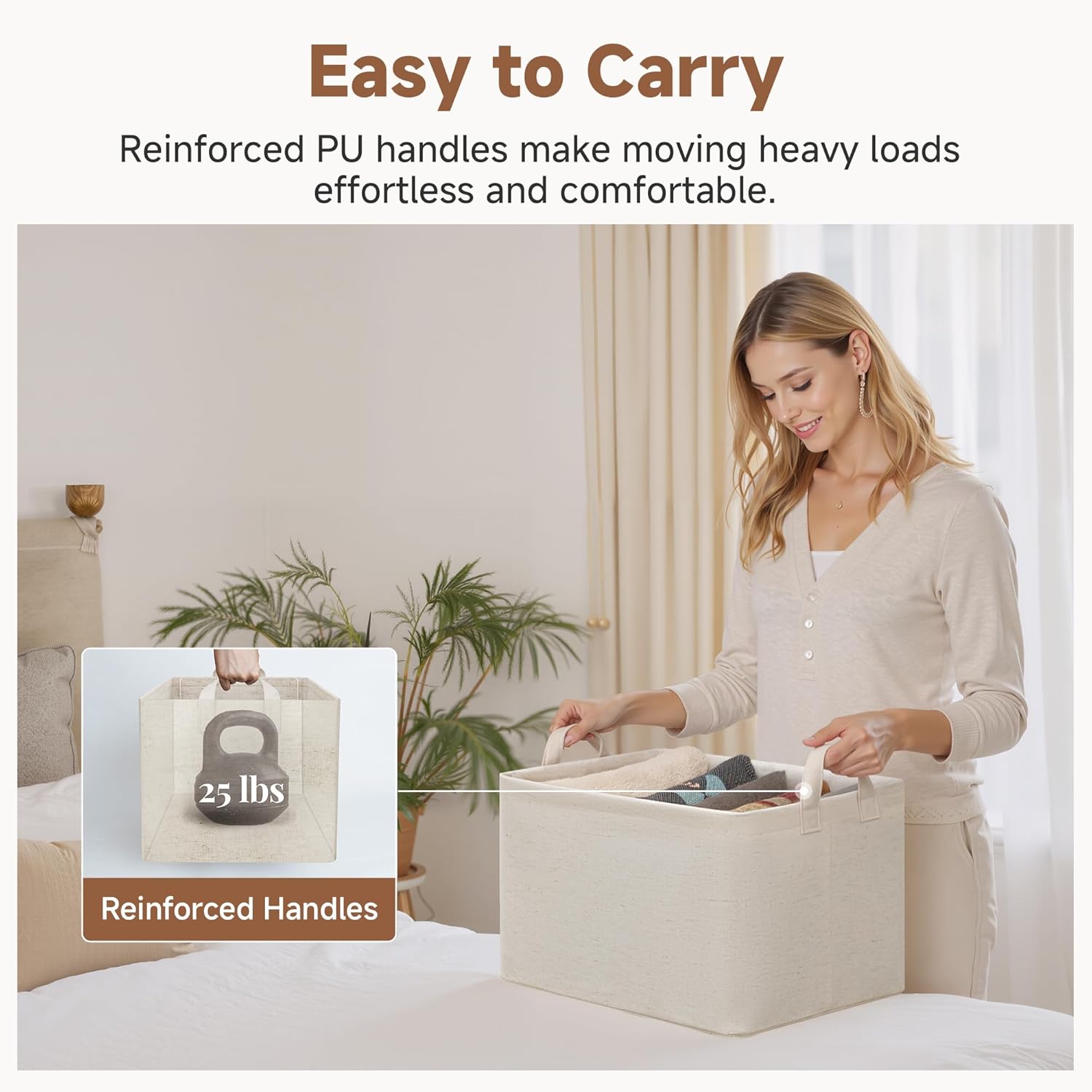 StorageWorks Storage Bins, Shelves Baskets for Organizing, Large Fabric Closet Organizers with Handles, Metal Frame, Beige（Cotton-linen）, 2-Pack