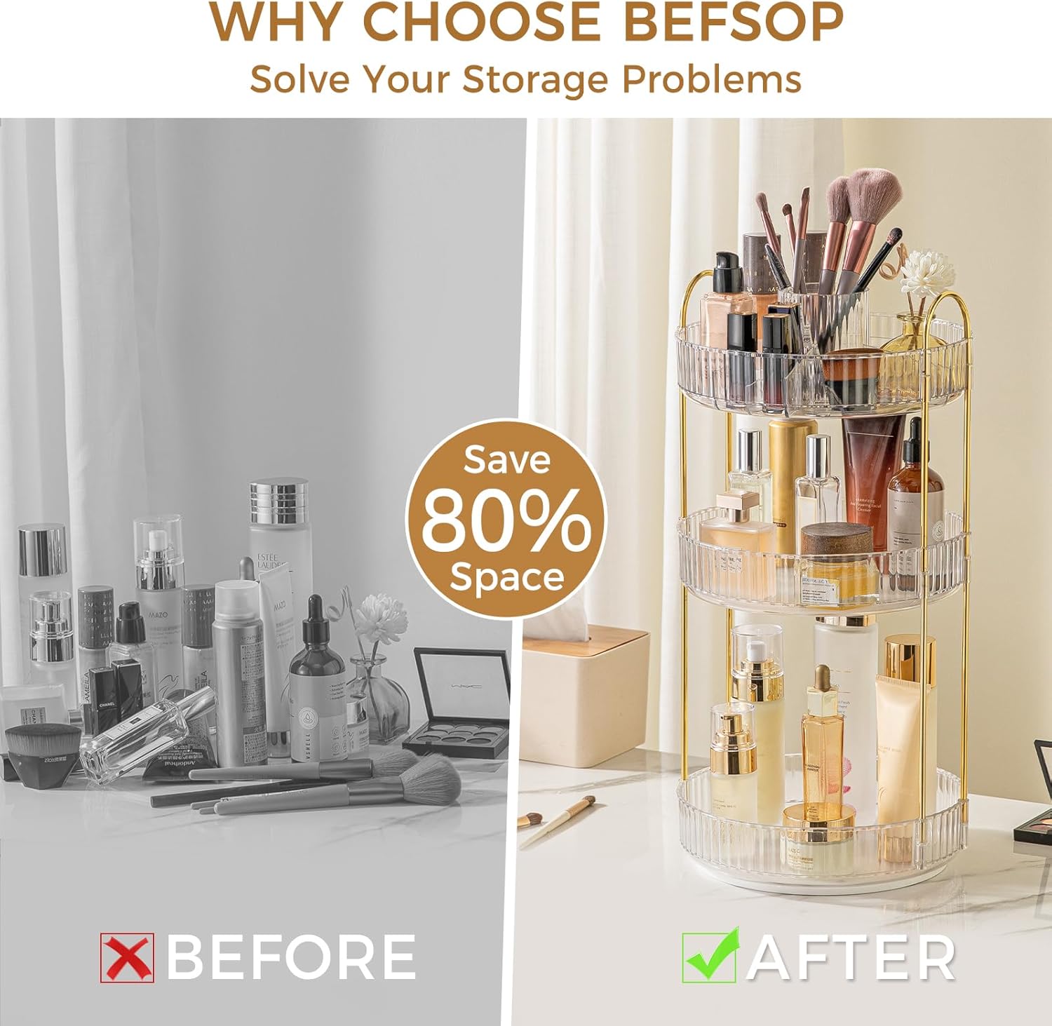 360° Rotating Makeup Organizer, Upgraded 3 Tier Skincare Perfume Organizers for Women, Bathroom Organizer Countertop, Clear Cosmetic Dresser Organizer with Makeup Brush Holder, Sink&Counte (Clear)