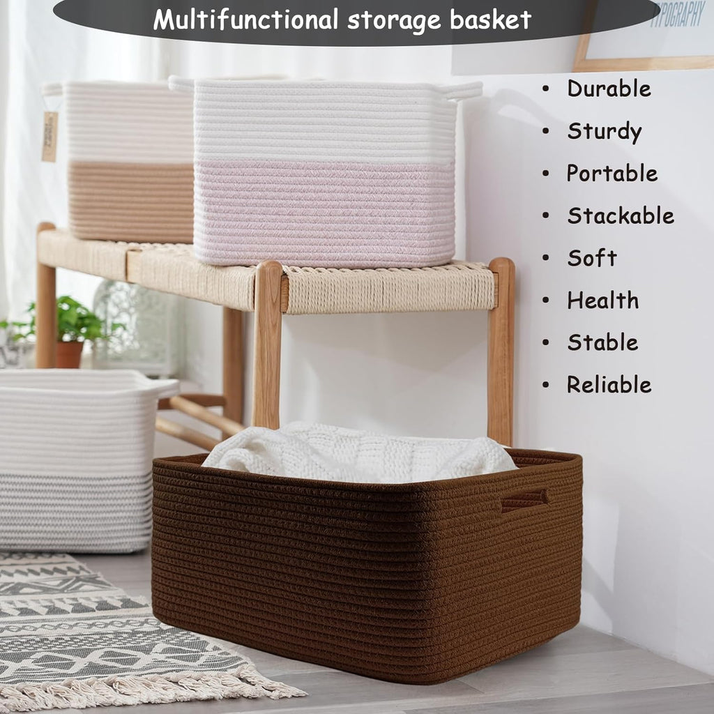COMFY-HOMI 2 pcs Large Storage Baskets for Shelves, Laundry Basket, Woven Rope Basket, Closet Organizer Bins for Clothes Blanket Towels, Baby Nursery, Gift Toy Baskets, 17” x 13” x 7.5”-Dark Brown