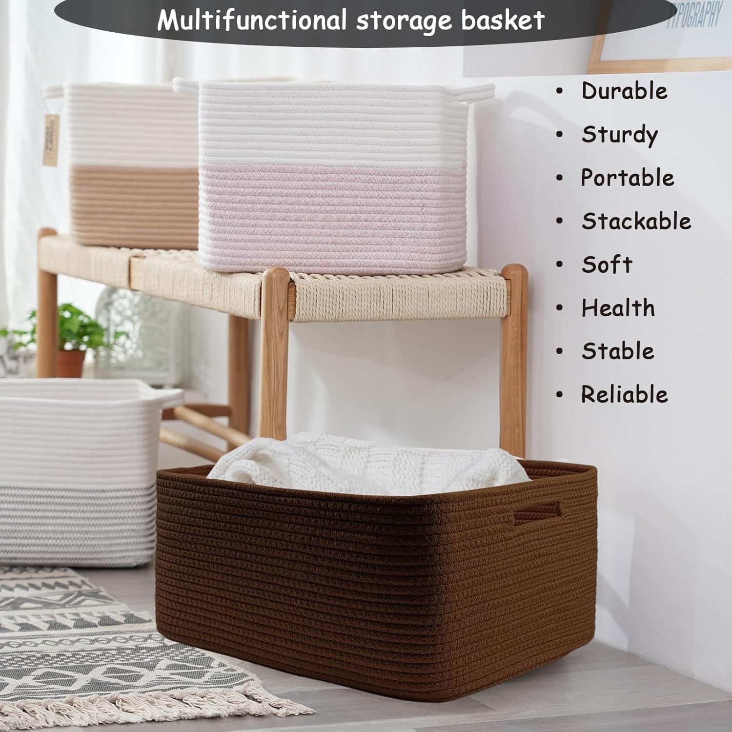 COMFY-HOMI 2 pcs Large Storage Baskets for Shelves, Laundry Basket, Woven Rope Basket, Closet Organizer Bins for Clothes Blanket Towels, Baby Nursery, Gift Toy Baskets, 17” x 13” x 7.5”-Dark Brown