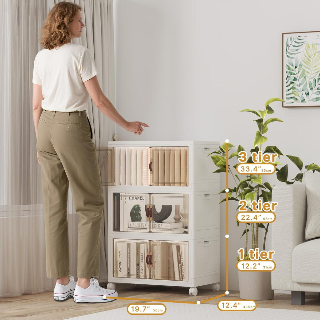 Extra Large Stackable Storage Bins with Lids & Wheels, Foldable Collapsible Closet Organizers Storage Cabinet with Doors for Bedroom Dorm (White, 165QT-55QT/14GAL*3Pack)